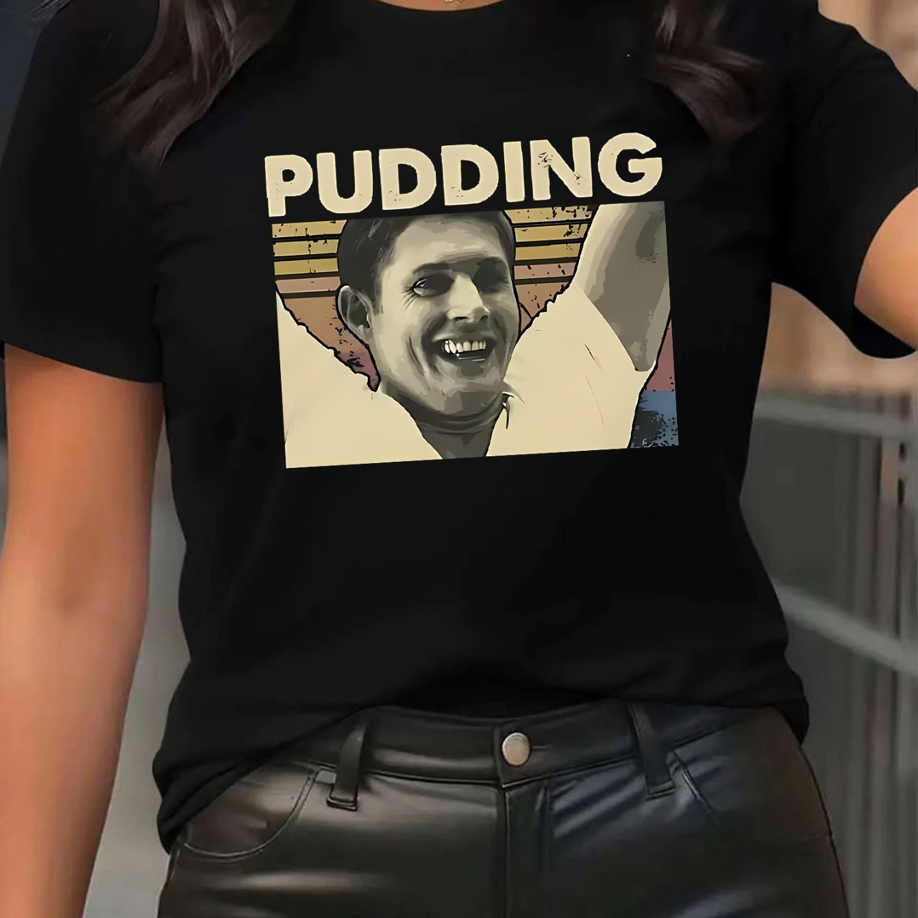 TEMU Women's Casual Short Sleeve T-shirt - Vintage Pudding Graphic - High-quality, Minimalist Style