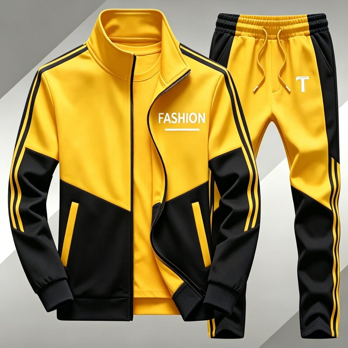 Image of Men's Fashion Letter Print 2pcs Tracksuit, Yellow Black Color Block Zip Mock Neck Jacket And Side Stripe Elastic Waist Joggers, Relaxed Lightweight Outfit For Daily Gym