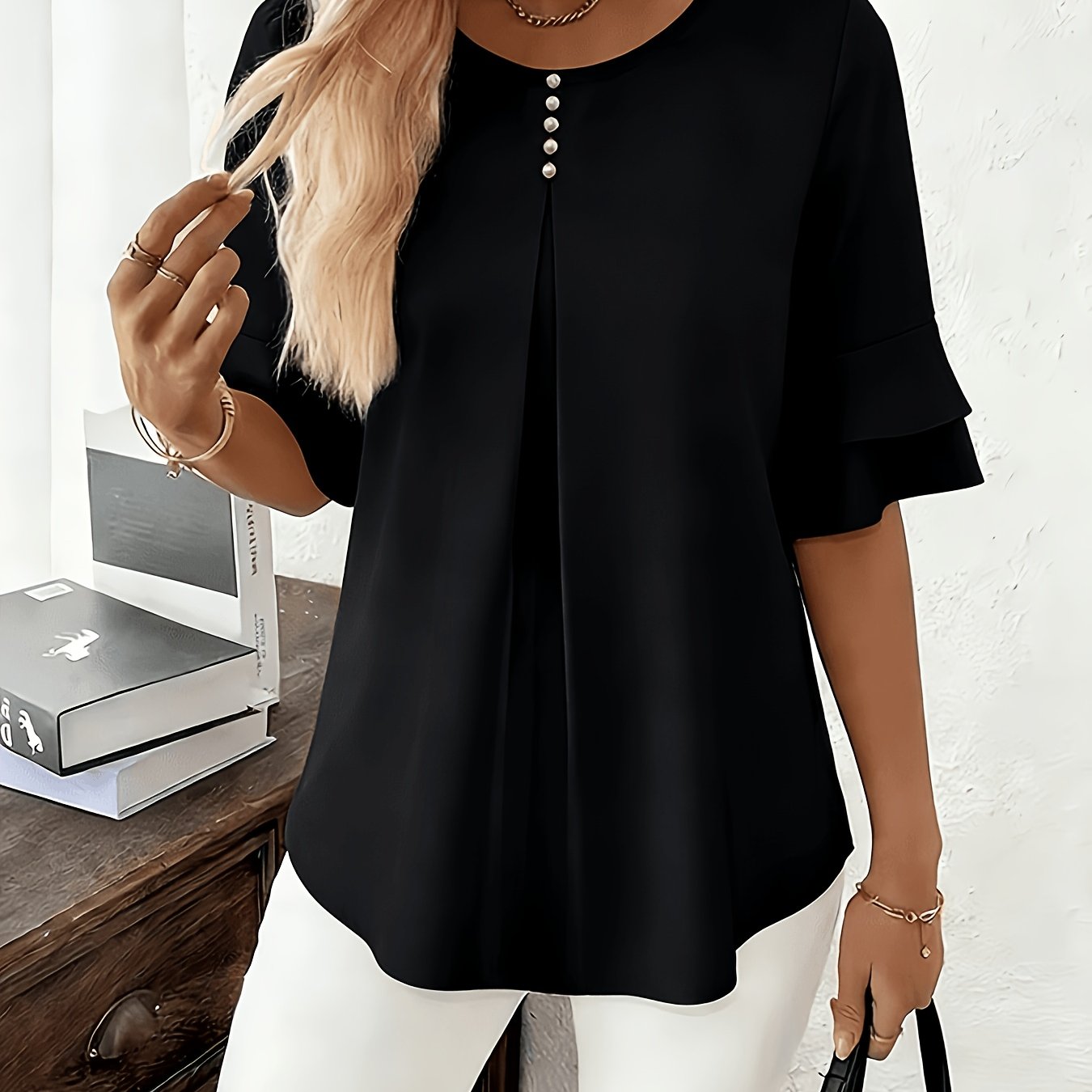 Elegant Flared Sleeve Shirt, Summer Loose Solid Round Neck Top