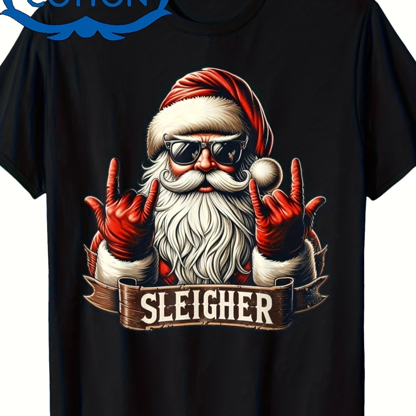 TEMU Men's & Women's Funny Santa Rock Christmas T-shirt - High-stretch Short Sleeve Tee With Sleigh & Rock Graphic, Loose Fit Casual Shirt Suitable