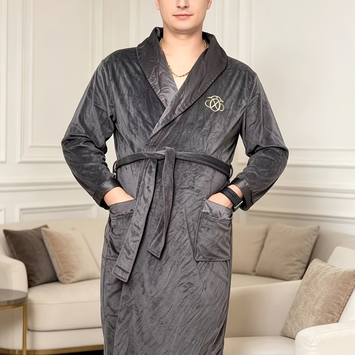 TEMU Men's Plush Velvet Loungewear Robe, Soft Comfortable Nightgown, Belted Homewear For Daily Wear, Hotel And Bath