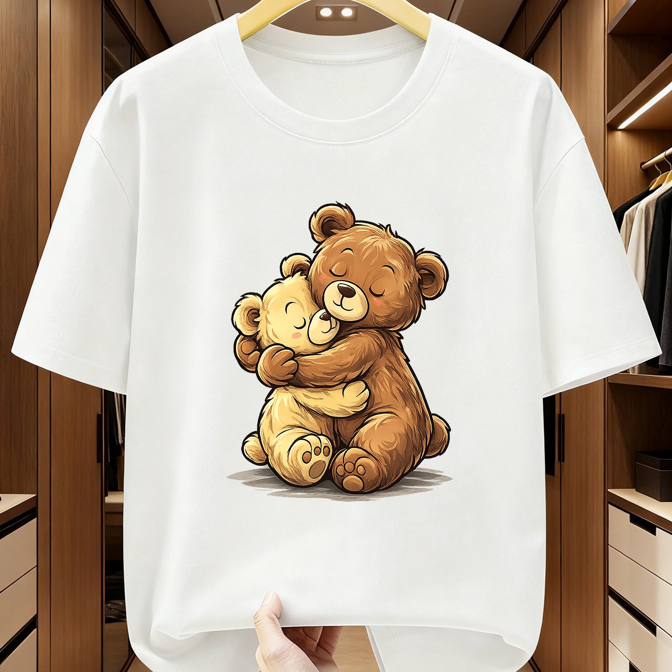 Image of Plus Size Men's 100 T-shirt With Cartoon Hugging Bear Pattern, Round Neck, Short Sleeves. Comfortable Casual Short-sleeved T-shirt For Summer