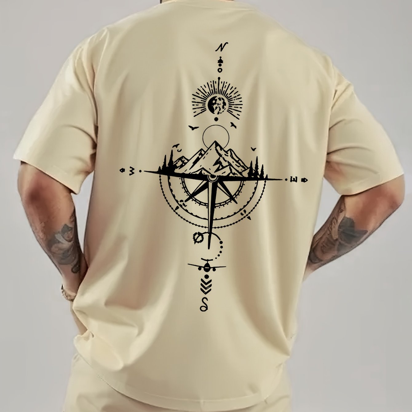 TEMU Men's Vintage Compass Print Short Sleeve Crew Neck Casual Sports Thin T-shirt For Summer And Spring, Polyester Versatile Top For Summer