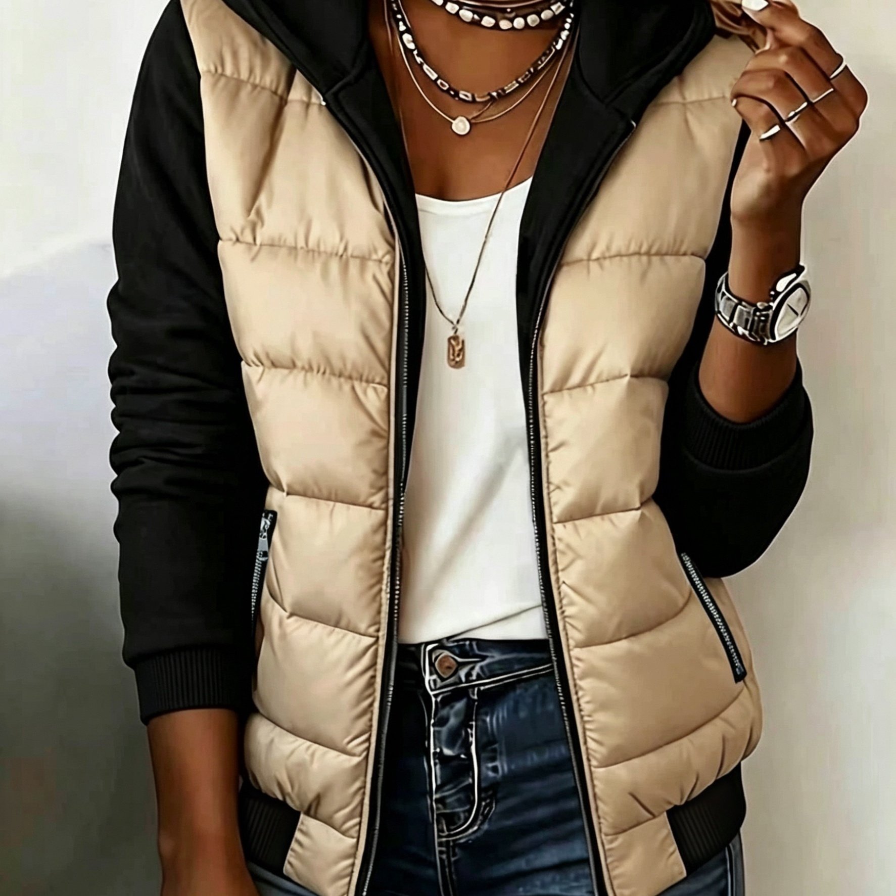 TEMU New Autumn/ Hooded Color-block Long Sleeve Padded Coat For Women, Sleeve Quilted Cropped Casual Warm Padded Coat