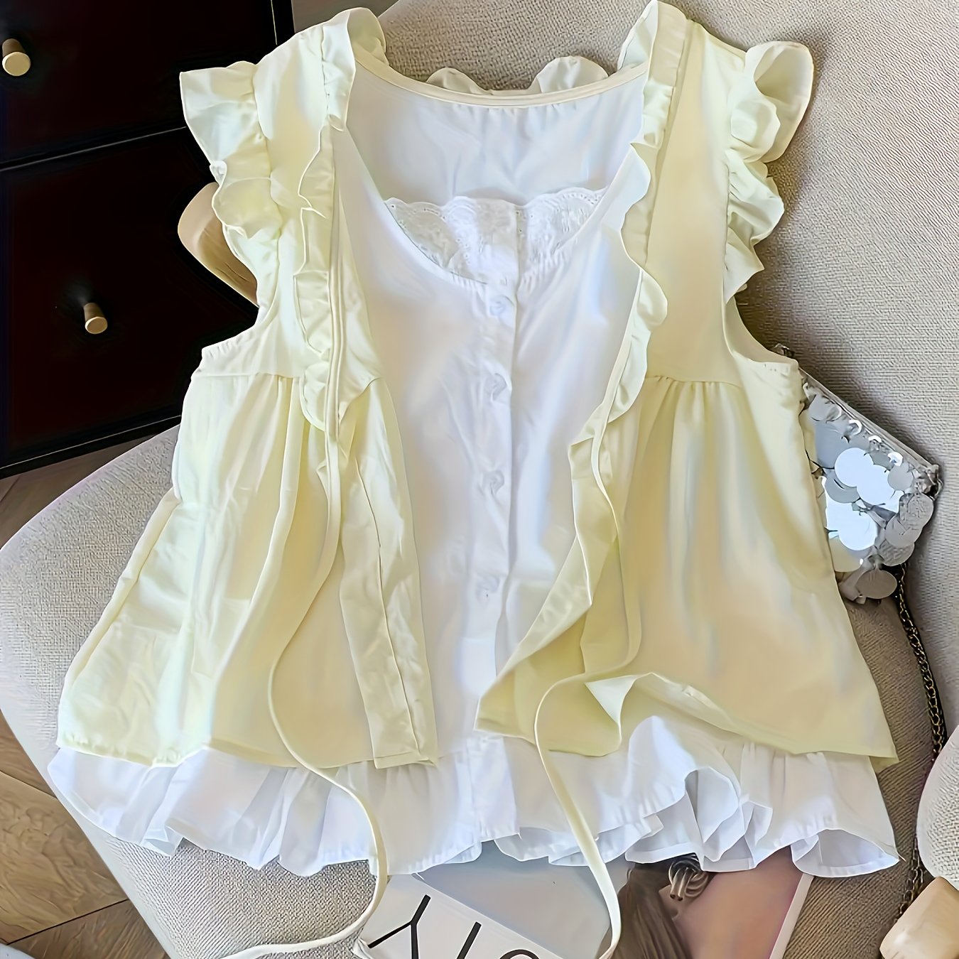 TEMU Haut élégant chemise deux pièces plissée anti-âge, manches amples manches, robe babydoll