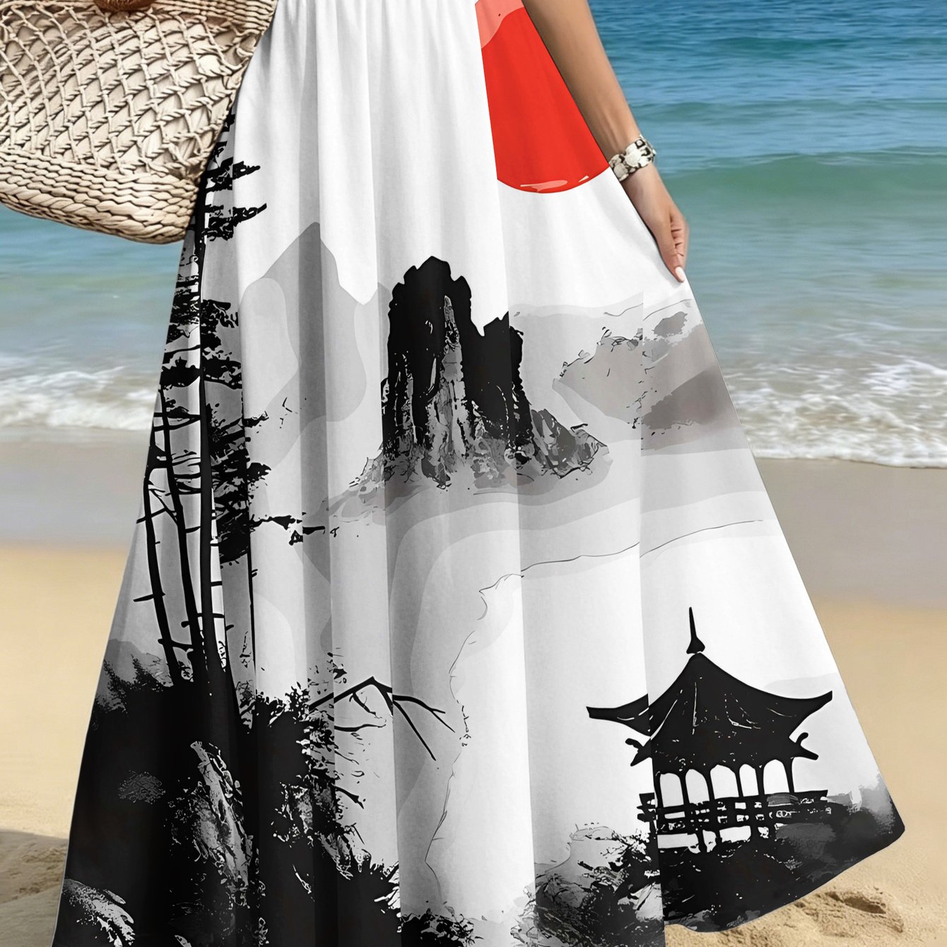 TEMU Plus-size Women's Elegant And Stylish Half Skirt, Casual Printed Midi Skirt, Landscape Ink Wash Painting With Pine Scenery, Red Sun, Print,