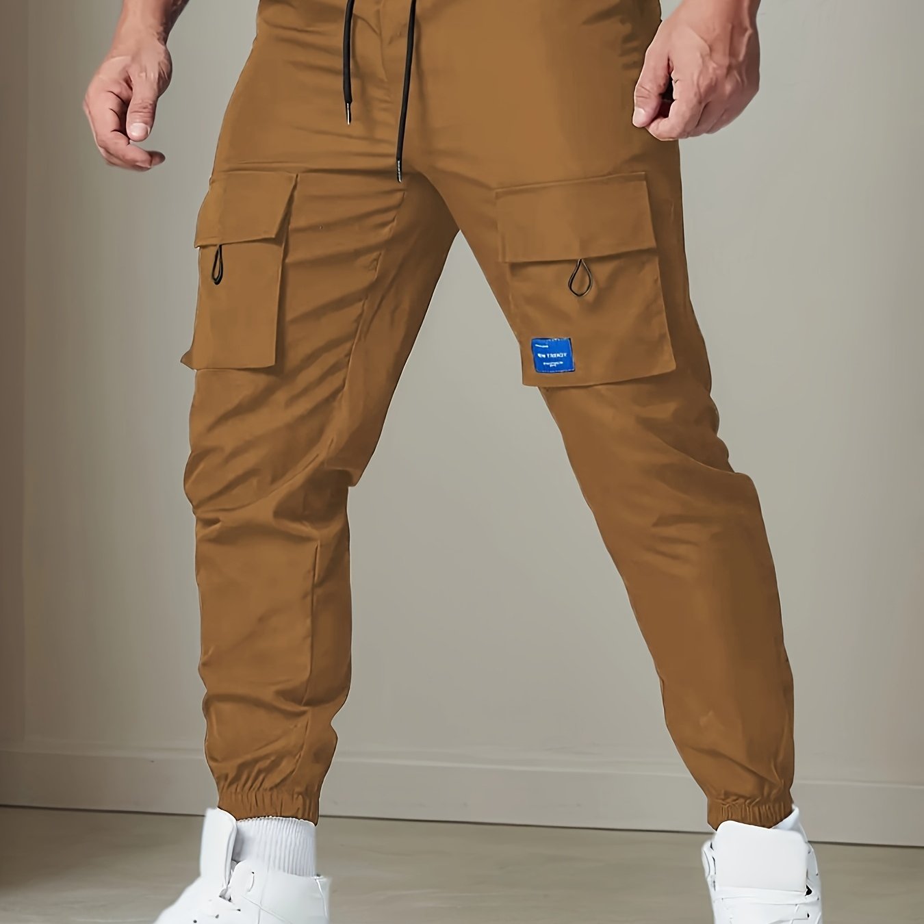 TEMU Men's Multi-pocket Cargo Pants - Durable Polyester, Street Style With Drawstring Waist, Perfect For Casual , Blue Label, Work Pants