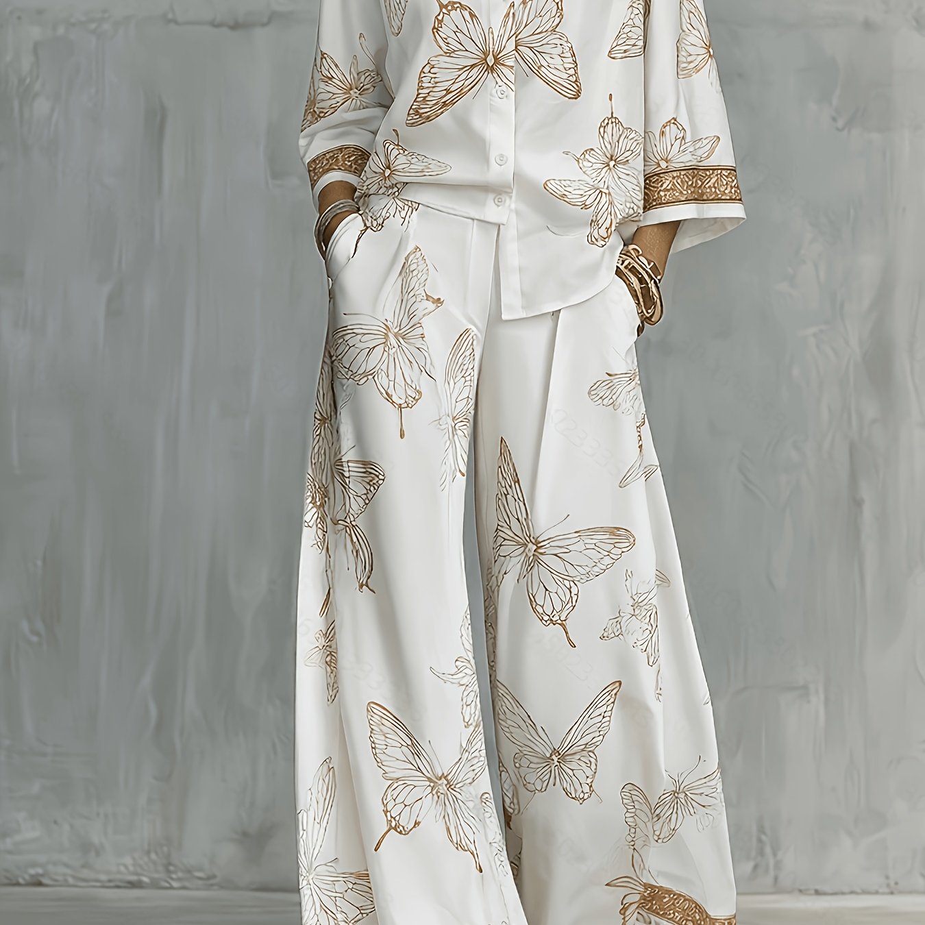 TEMU Spring/summer Casual Versatile Elegant Wide-leg Pants With Pockets And Button-up Cardigan Shirt, Print 2pcs Set, Women's Casual Outfit