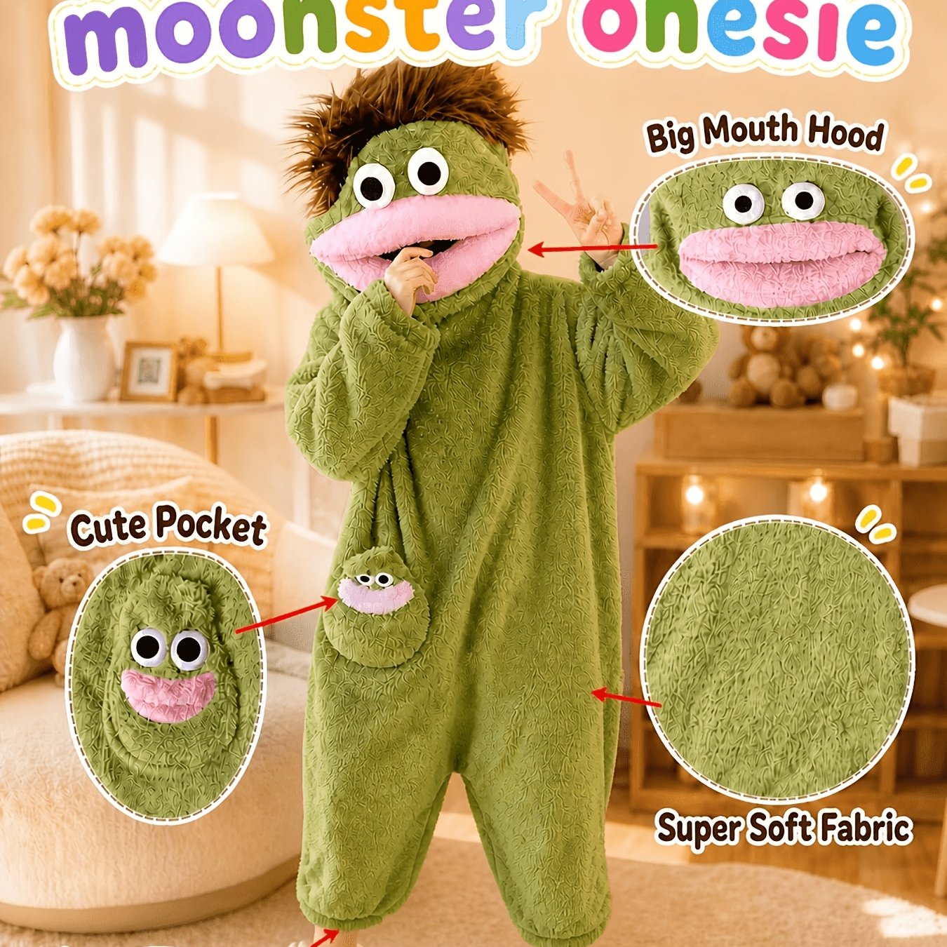 TEMU Monster Onesie, Plush Jumpsuit Pajamas, Cozy Loungewear (shoes Not Included)