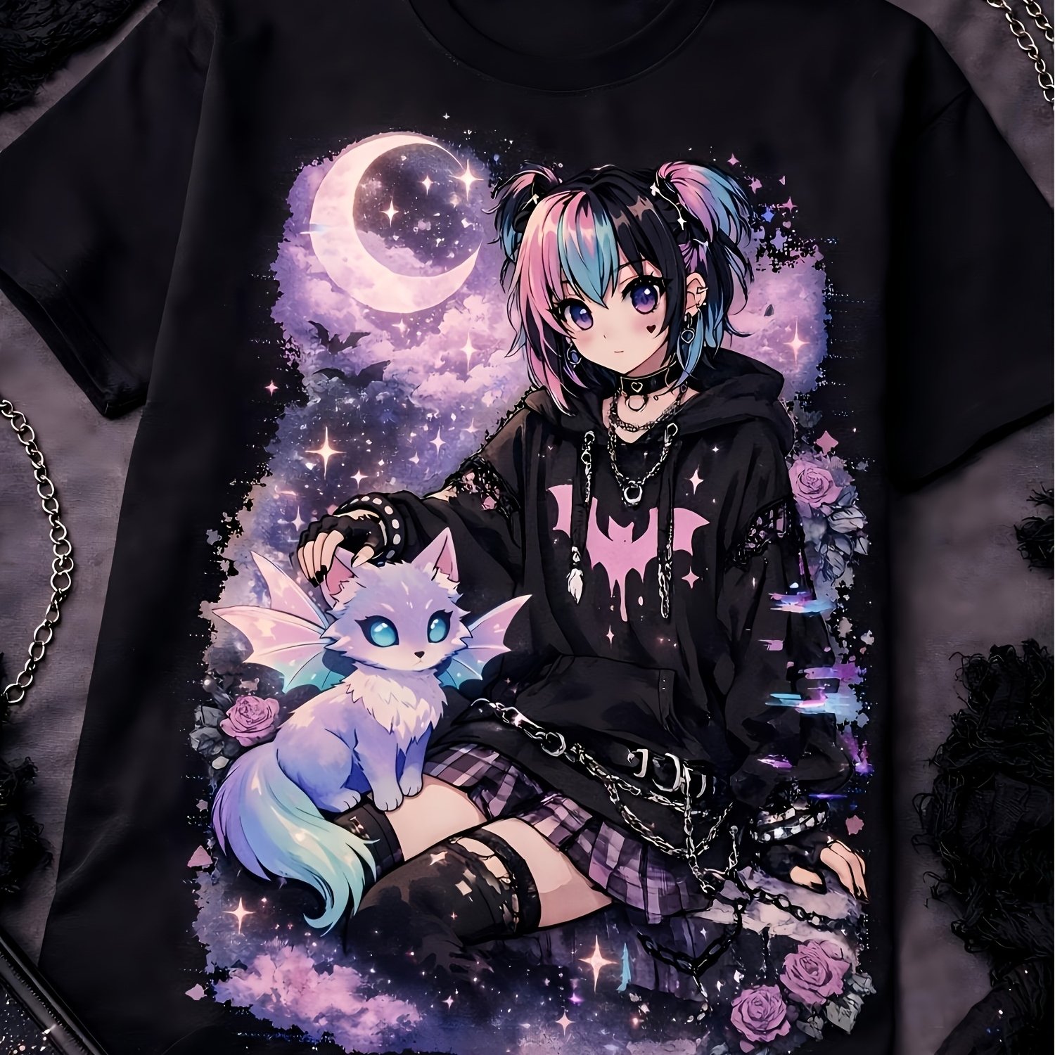 Image of Pastel Goth Anime Bat Girl T-shirt - Kawaii Dragon Cat Celestial Art Harajuku Alt Fashion Soft Grunge Graphic Tee Men's And Women's Summer Breathable Short-sleeved T-shirts Size S To 3xl