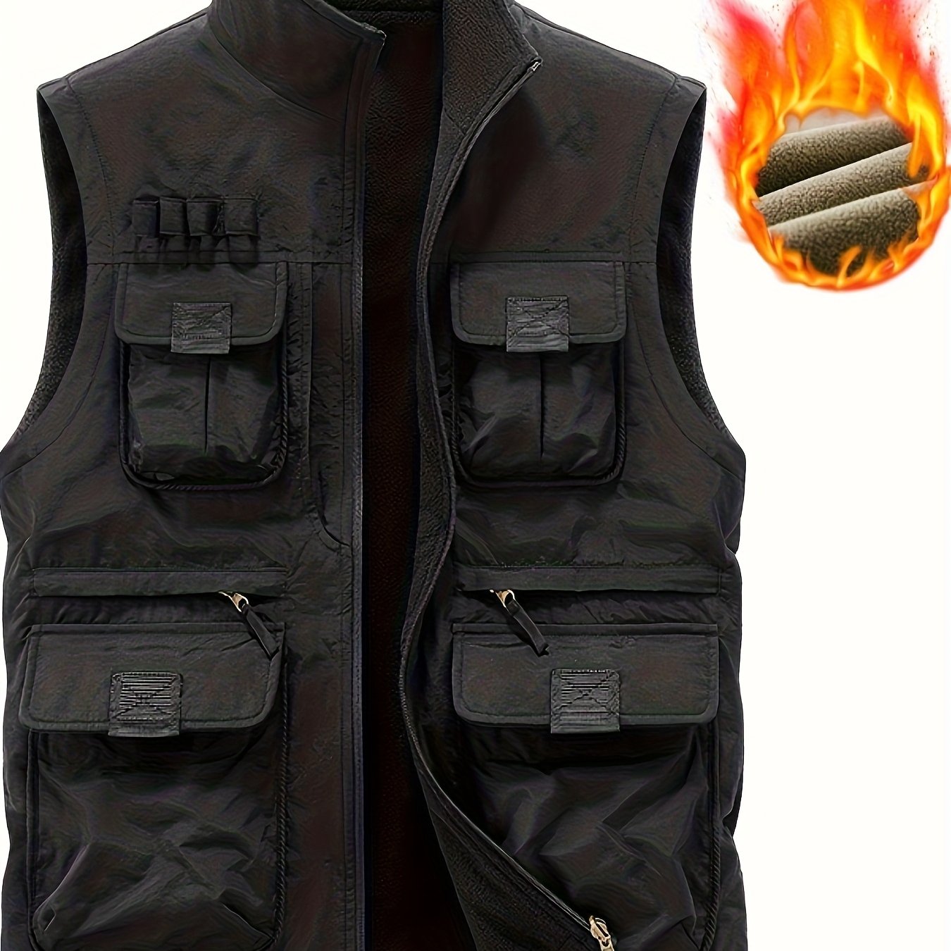 TEMU Men's Autumn/winter -lined Thick Double-sided Work Vest, Large Capacity Multi-pocket Sleeveless Stand Collar Jacket, Winter Lining For Cold