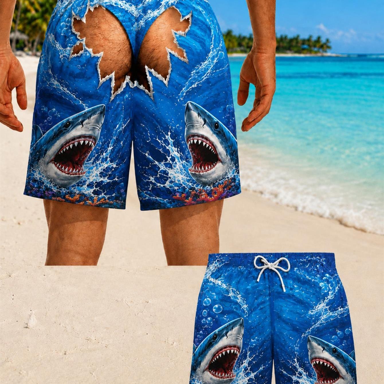 TEMU Men's Individual Fashionable Versatile Niche New Arrival [print Design - Not Textured] Men' Casual Trousers Men's Shark Print Swim Trunks,