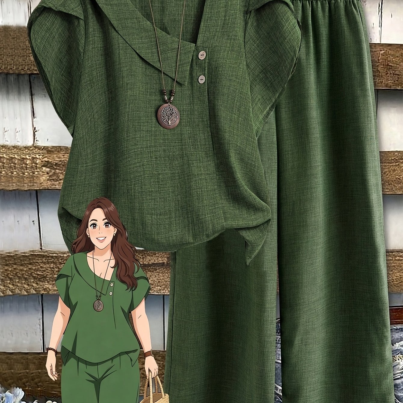 TEMU Women's Commuter Casual Set: Irregular V-neck Batwing Sleeve Top   Wide-leg Pants 2pcs Set