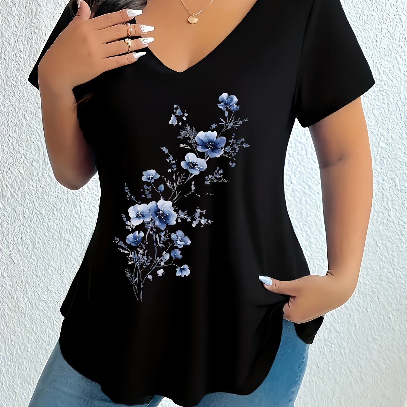 TEMU Plus Size Women's V-neck Solid Geometric Pattern T-shirt