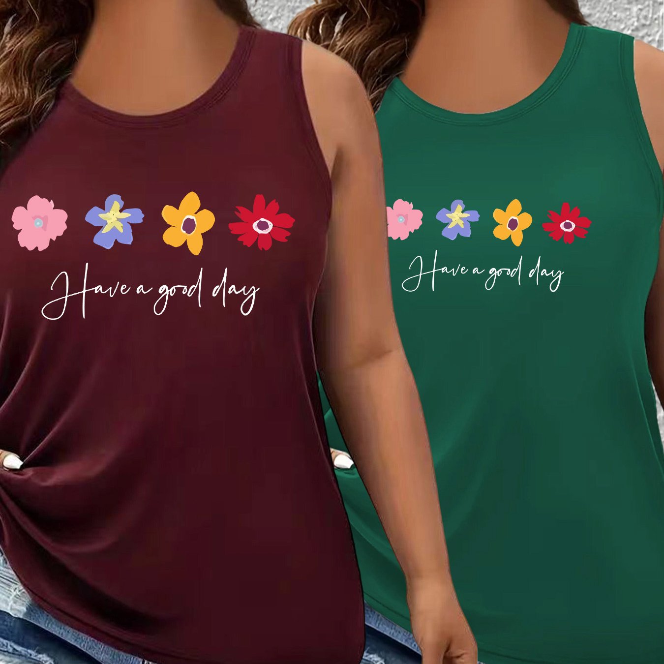 TEMU Plus Size, Floral Print 2pcs Set, European And Plus Size Fashion, Round Neck Tank Top