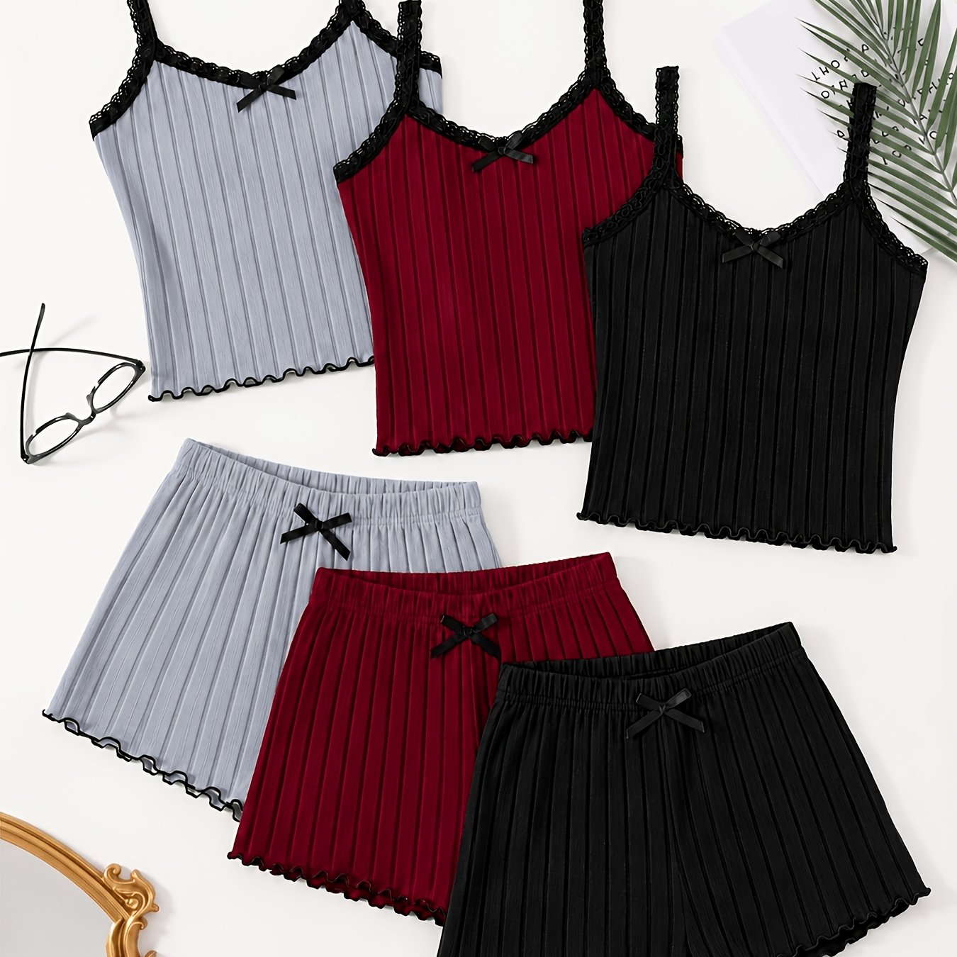 TEMU 3-set 6pcs Size Label Women's Spring Summer Style Pajamas, Solid Burgundy And Black And Gray Casual Easy Sexy Lace Cami Shorts 2pcs Set Women