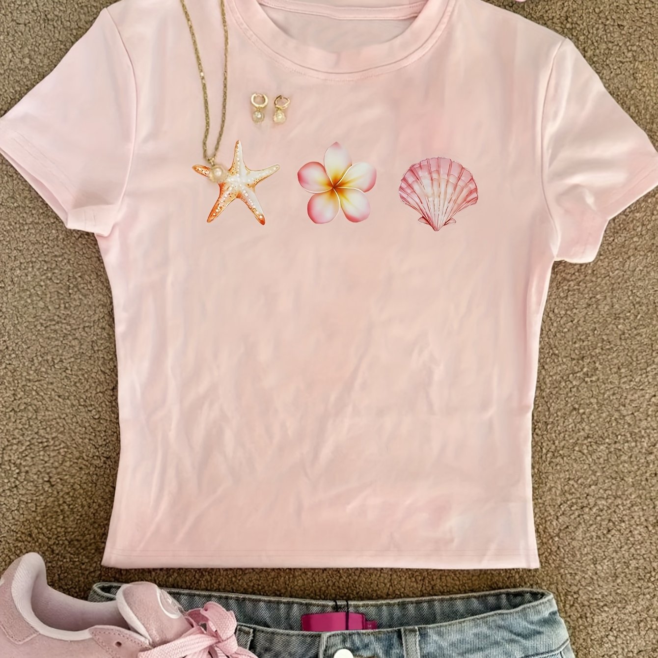 TEMU 00008-women's Tight Top With Starfish Pattern Print Pure Desire Korean Y2k Summer Round Neck Short Sleeve T-shirt, Women's Clothing Qhh1388