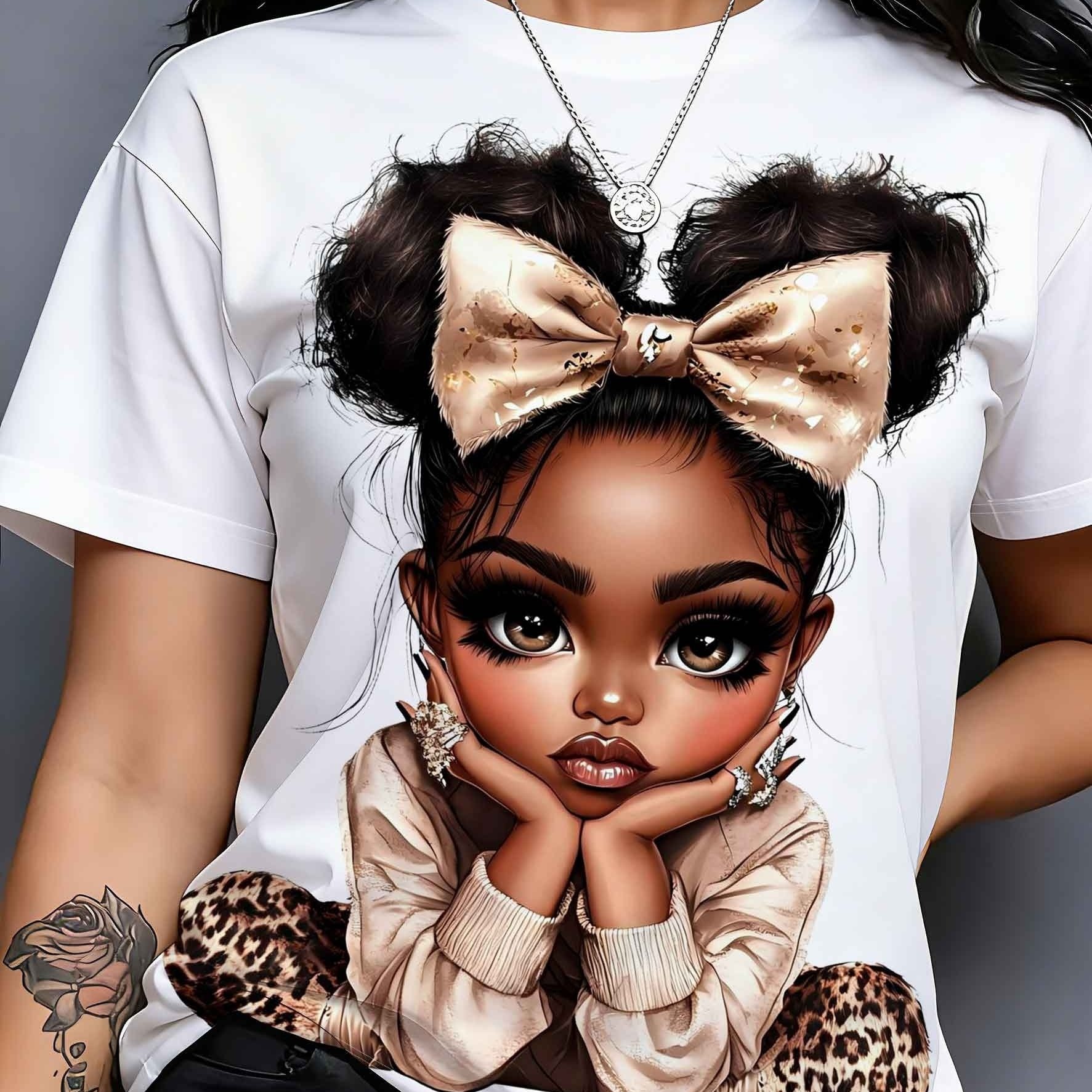 TEMU [printed Design â Not Textured] New Summer African Style Sweet Printed T-shirt For Women, Cartoon Bow Double Bun Hair Pattern Short Sleeve Top,