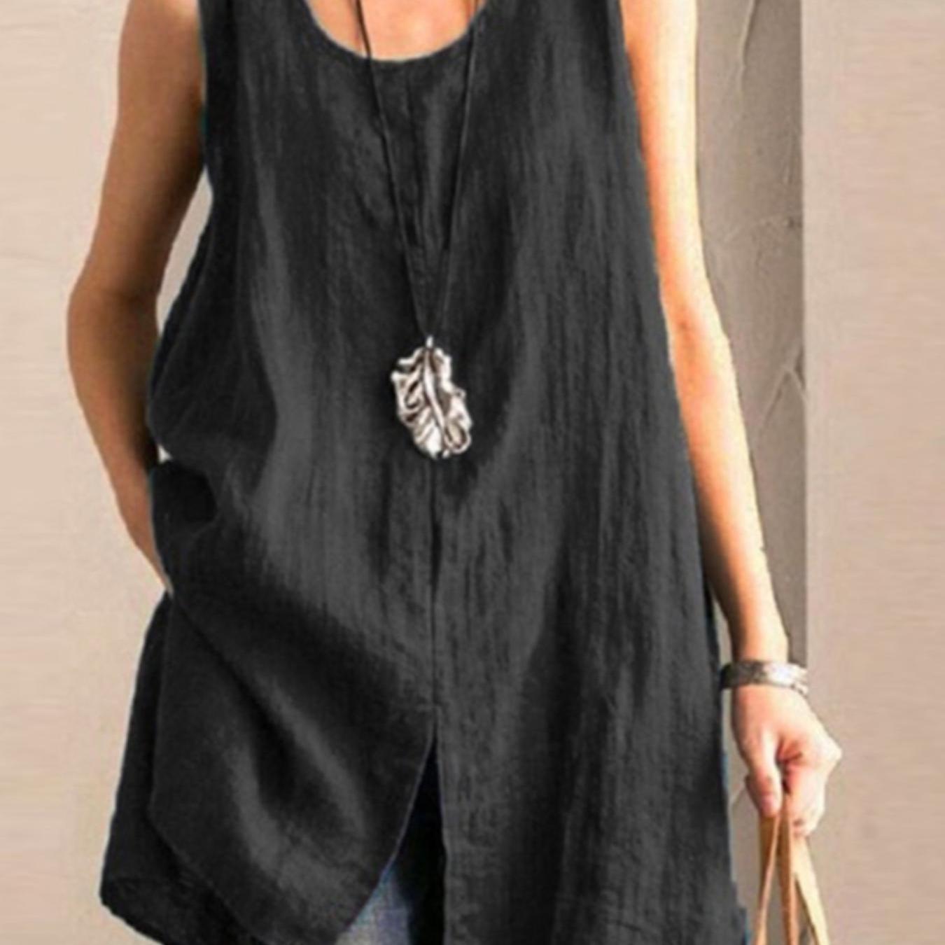 Plus Size, Women Solid Color Summer Vest Sleeveless Round Neck Blouse Baggy Outdoors Casual Loose Tank Tops Plus Size