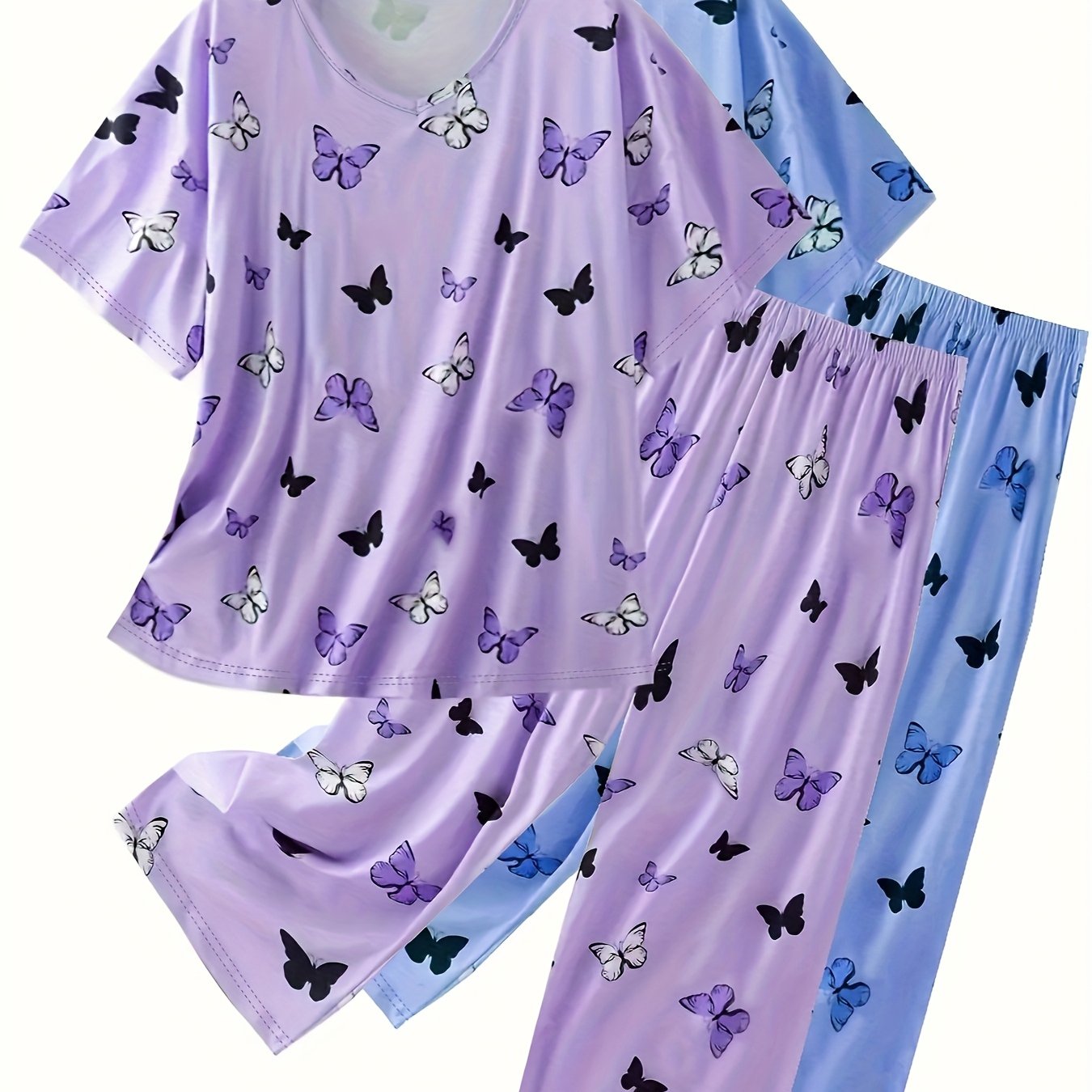 E-shop Plus-Size Schmetterlingsdruck Kurzarm-Caprihosen 2er-Set