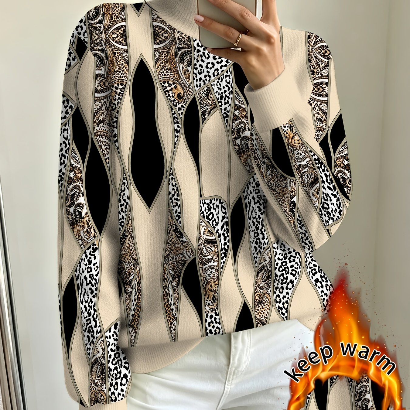TEMU 2026 Nieuwe Dames Losvallende Print Nep-pullover Luipaard Geometrisch Stikselpatroon Turtleneck Warm Ontwerp Herfst Winter Dagelijkse Casual