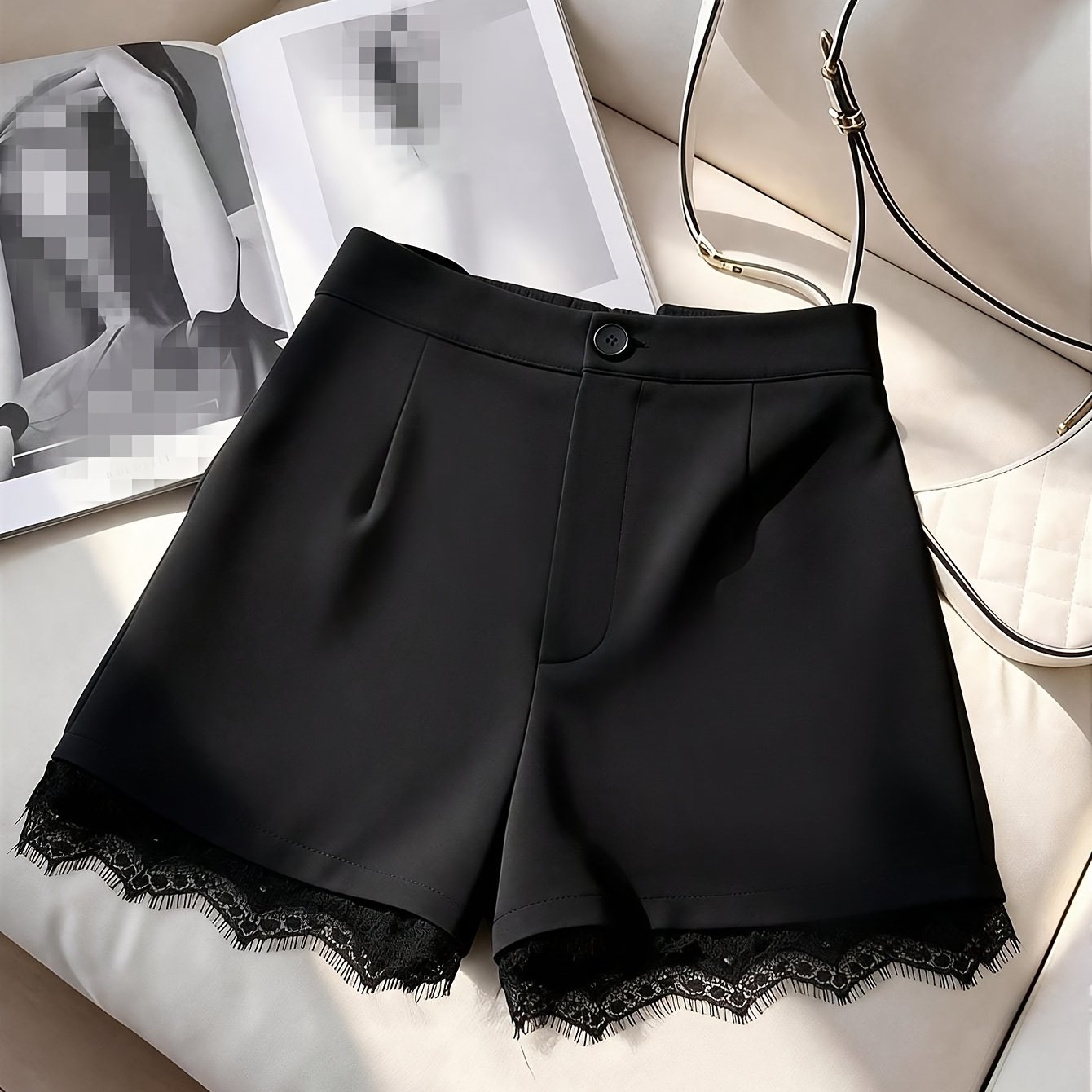 TEMU Elastic Waistband Lace Trim Spliced Access-controlled Zipper Design, Sexy, Casual, And Versatile Shorts