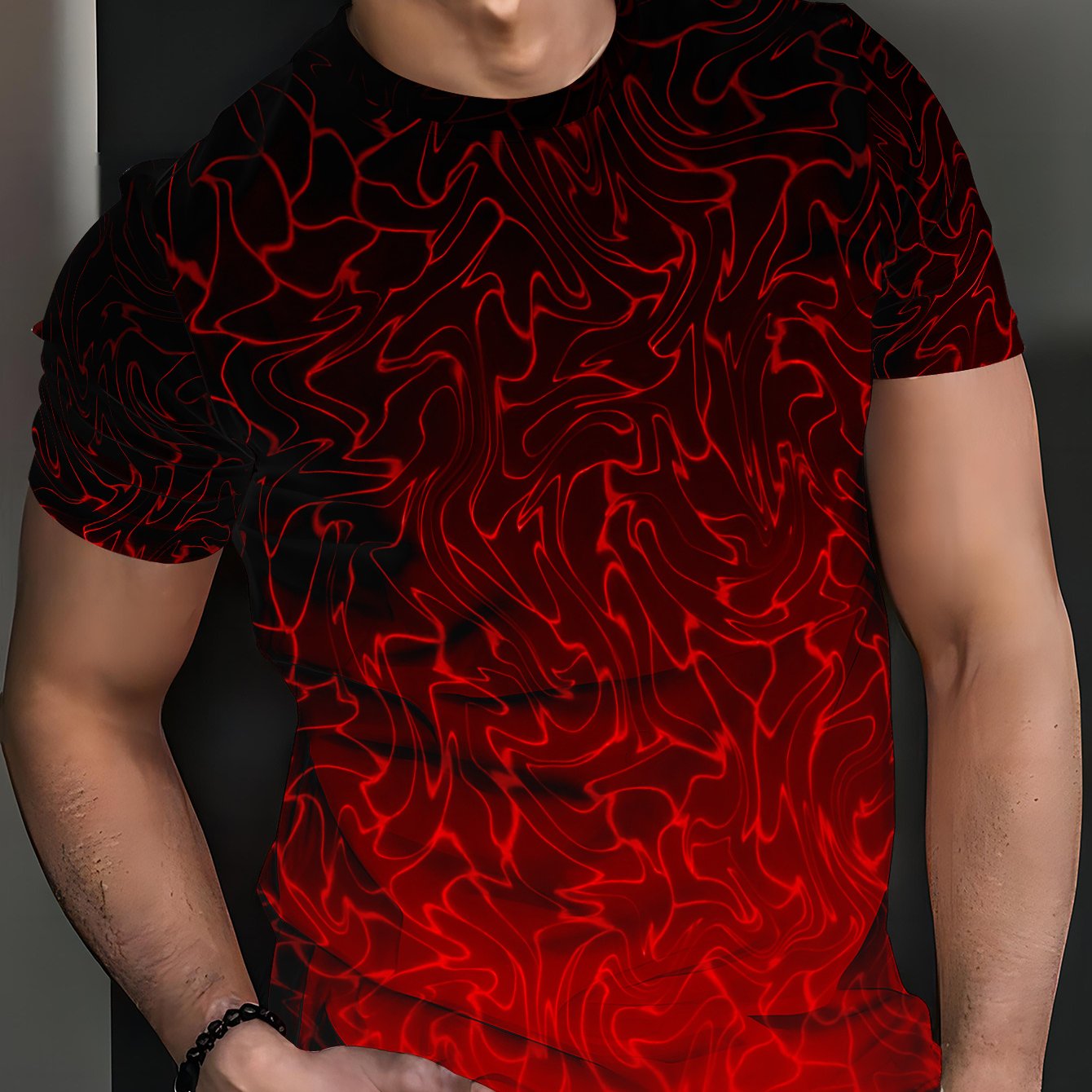 TEMU Water Ripple Fluid Men's Casual [printed Design – Not Textured] T-shirt - Polyester Fiber, Crew Neck, Short Sleeve, Street Hip-hop Style, Summer