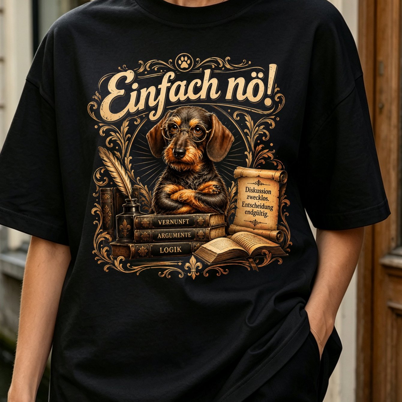 Image of Einfach No Vintage Dachshund Dog Reading Books Cartoon Print T-shirt Funny German Slogan Retro Art Crew Neck Short Sve Oversized Tee Women's T-shirt