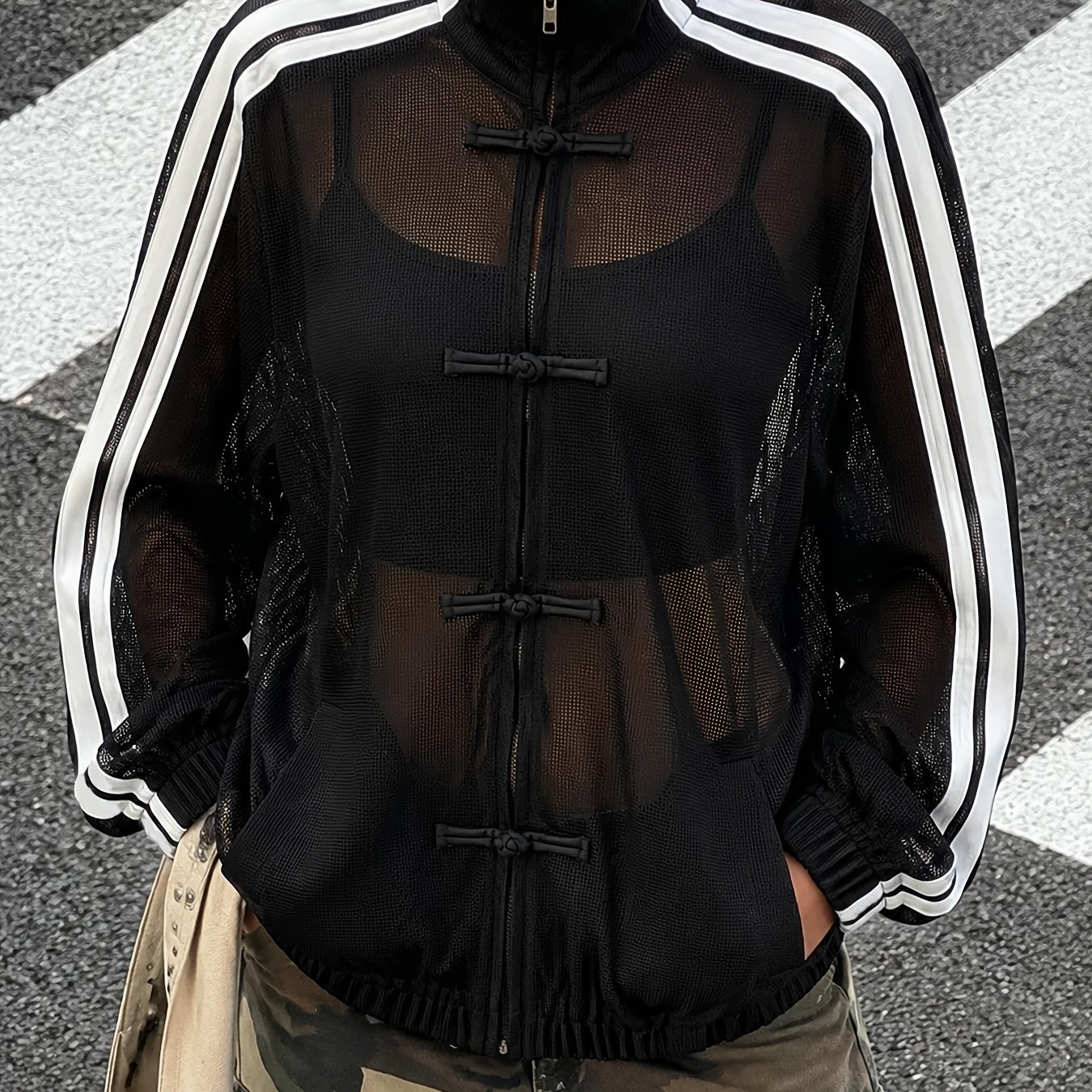 TEMU Veste d'été tendance une pièce en transparente à rayures, manches longues, respirante et , cardigan épissure printemps automne, sweat-shirt