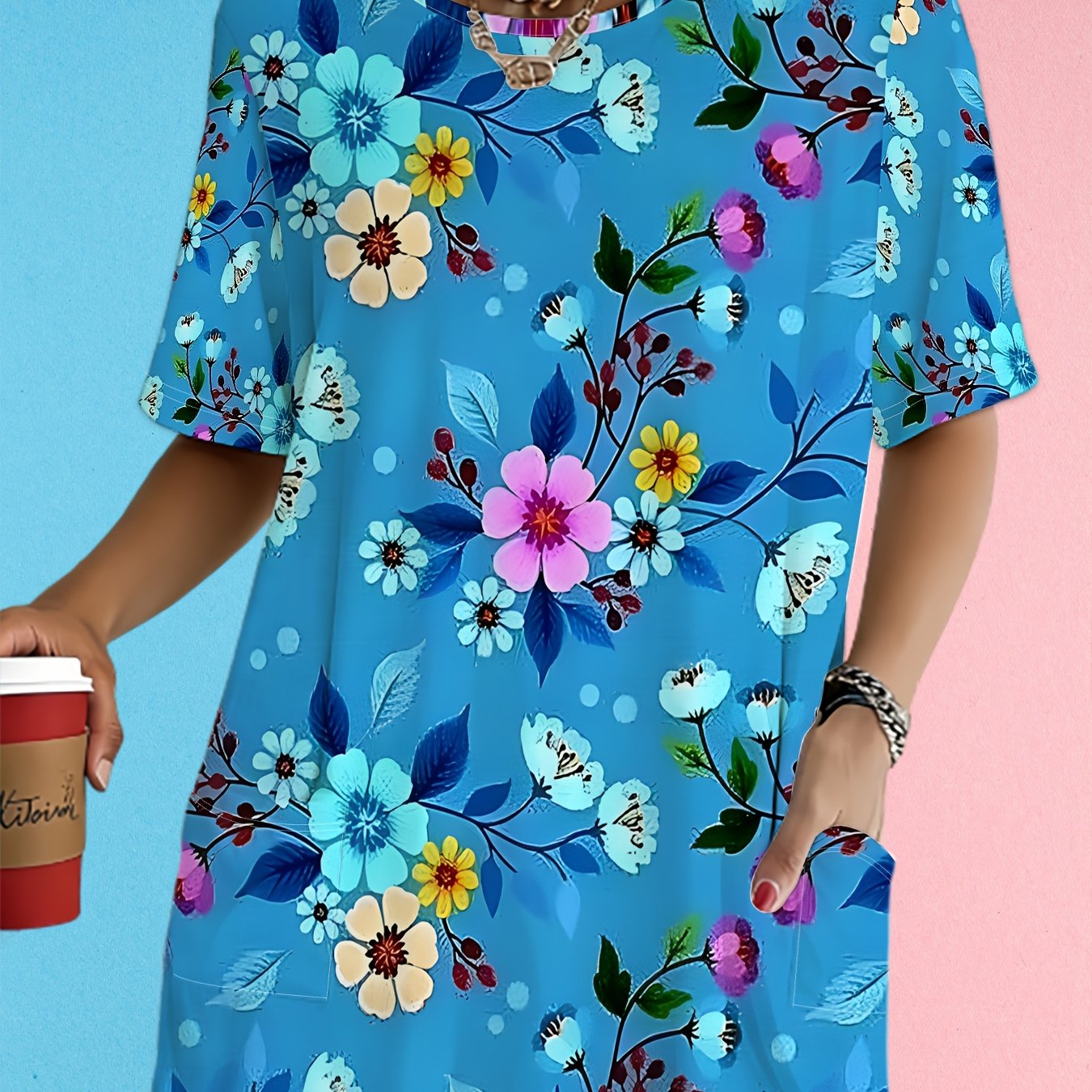 TEMU Plus Size Women's With Colorful Floral Print, Round Neck, Short Sleeve, With Pocket, Sporty Casual Comfortable Summer T-shirt