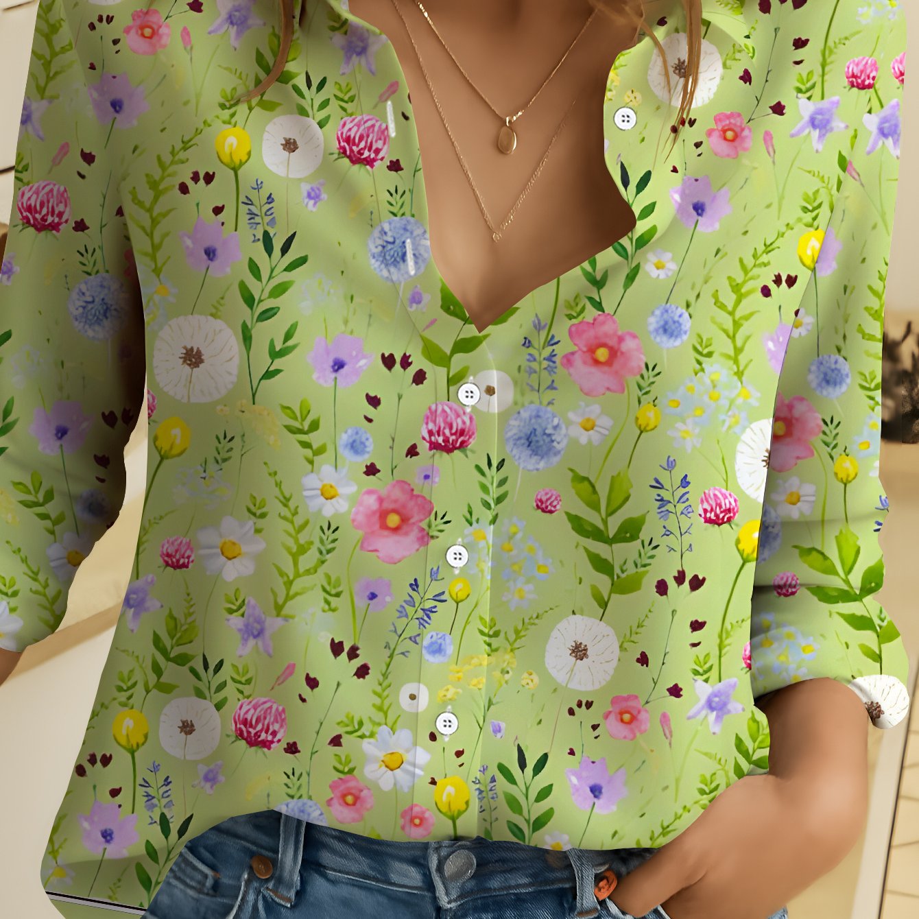 TEMU Women's Long Sleeve Shirt Blouse Romantic Small Floral Women's Floral Shirt Light Green Colorful 's Casual Shirt Soft And Comfortable