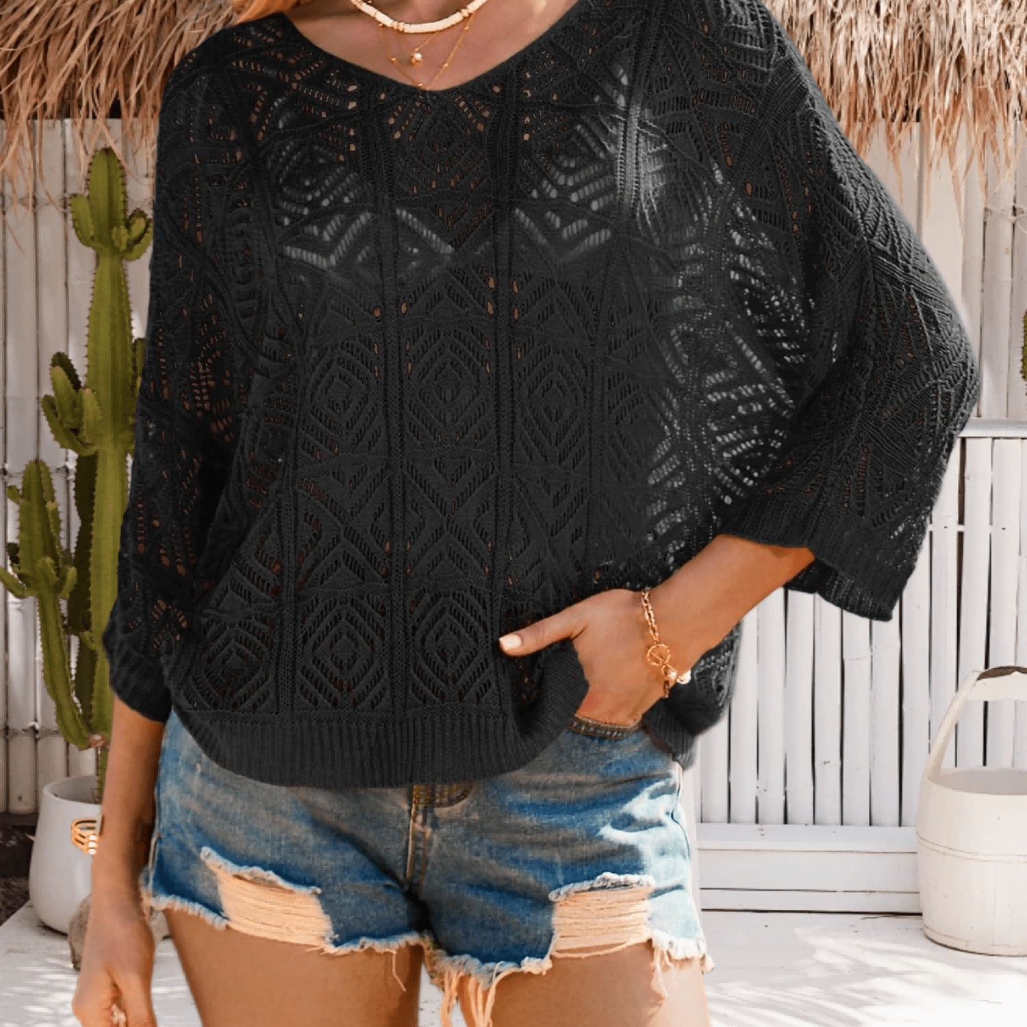 Image of Women's Crochet Cover Up Top Summer 3/4 Sleeve Off Shoulder Sweater Mesh Boho Beach Swimsuit Coverup