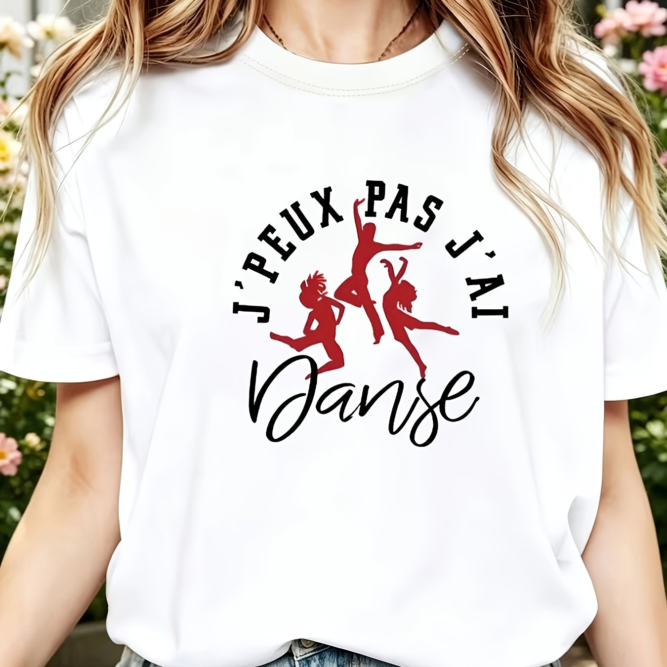 TEMU T-shirt pour femme, française "" "Pas , je vais " avec silhouette de danseuse rouge et , T-shirt blanc à col ras du cou et manches courtes pour