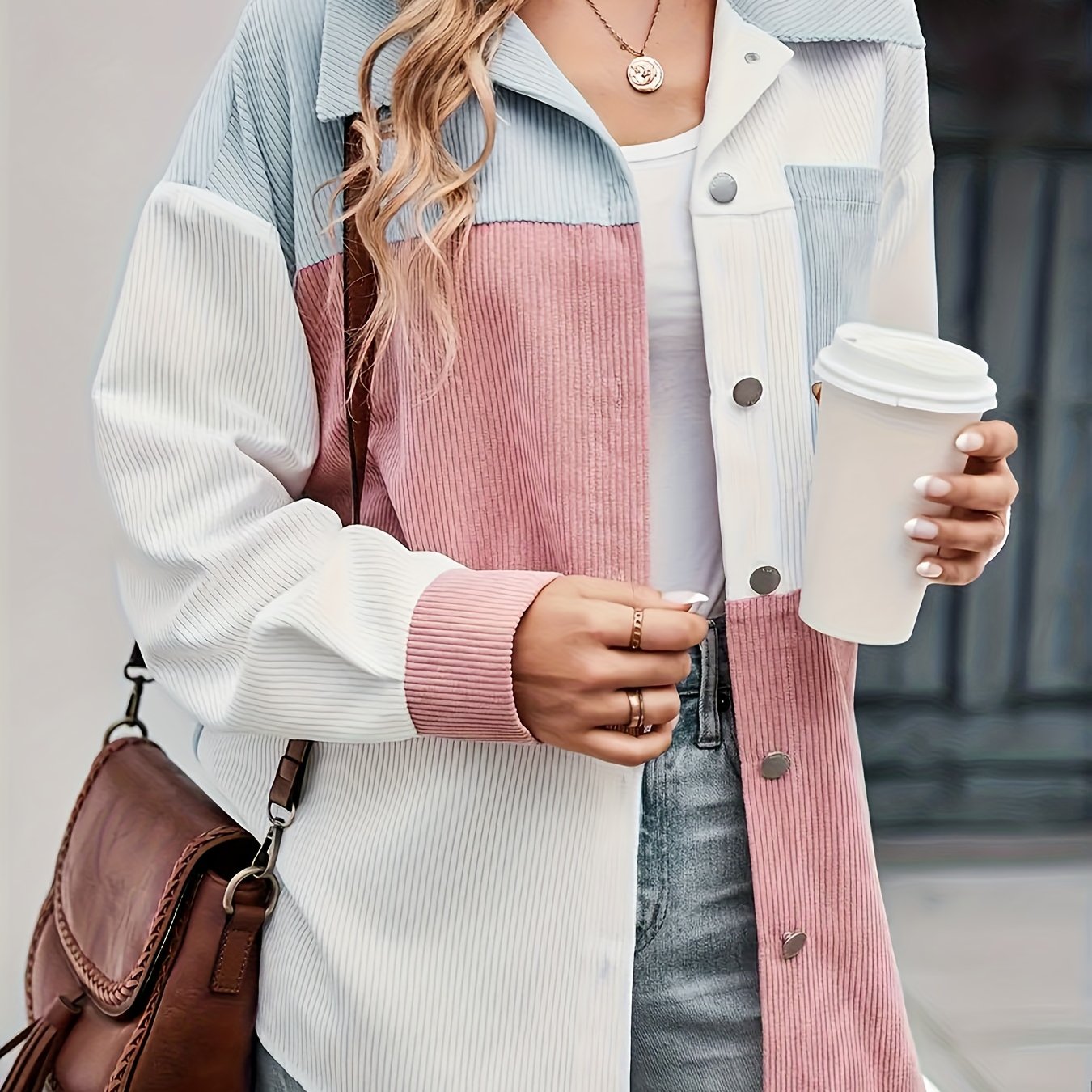 E-shop Damen Neue Frühlings-/Herbst-Shirtjacke, Cord Multi-Farben Patchwork Mode Casual Lockere Damenbekleidung