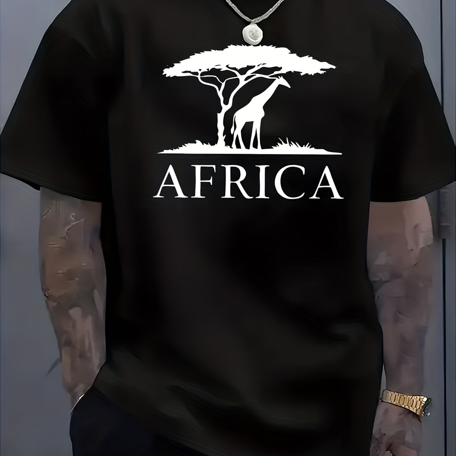 TEMU Full Of African And ! White Short Sleeve T-shirt With Africa Text And Giraffe, Acacia Tree Elements Print, An African Style Fashion