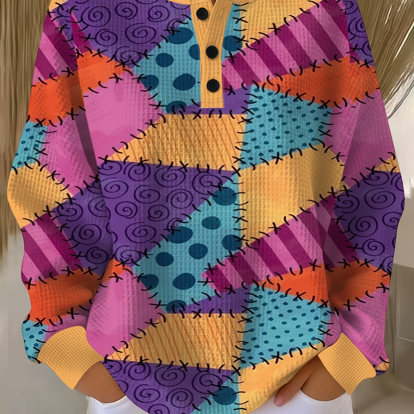 TEMU Women'-button Henley Collar Waffle Long-sleeve Top, Featuring A Color-block -style Printed Design. The Fabric Is Soft, Skin-friendly, And