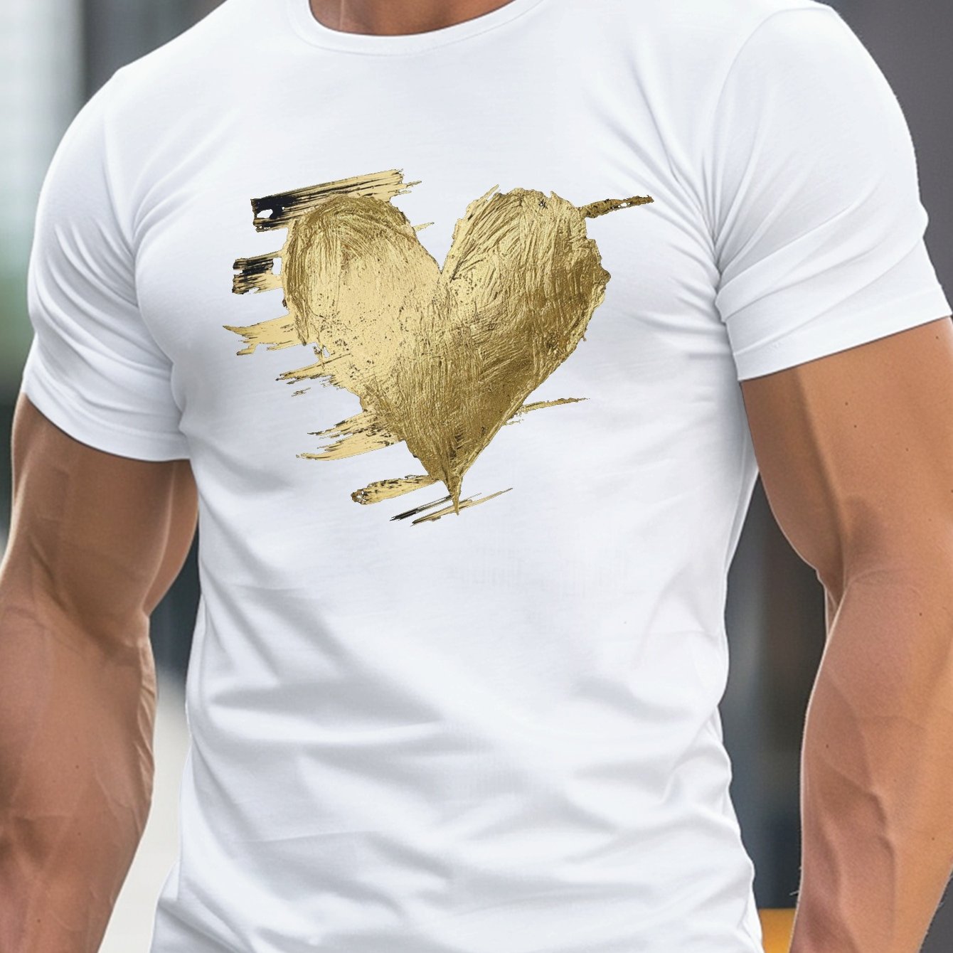 TEMU Men's Casual Round Neck T-shirt, Polyester Short Sleeve Tee With Metallic Print, Lightweight Summer Top, Geometric Pattern, Regular Fit, Adult