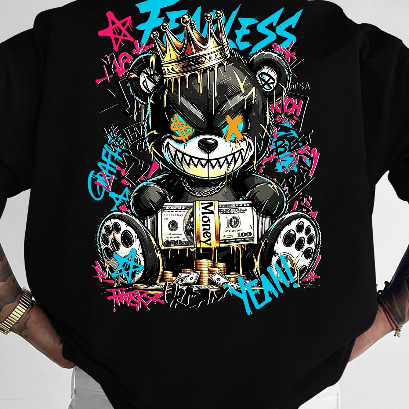 TEMU Men's Oversized Streetwear T-shirt With Crown & Bear Graffiti Print - Eye Slogan, Loose Fit Short Sleeve Round Neck Casual Summer Top Suitable