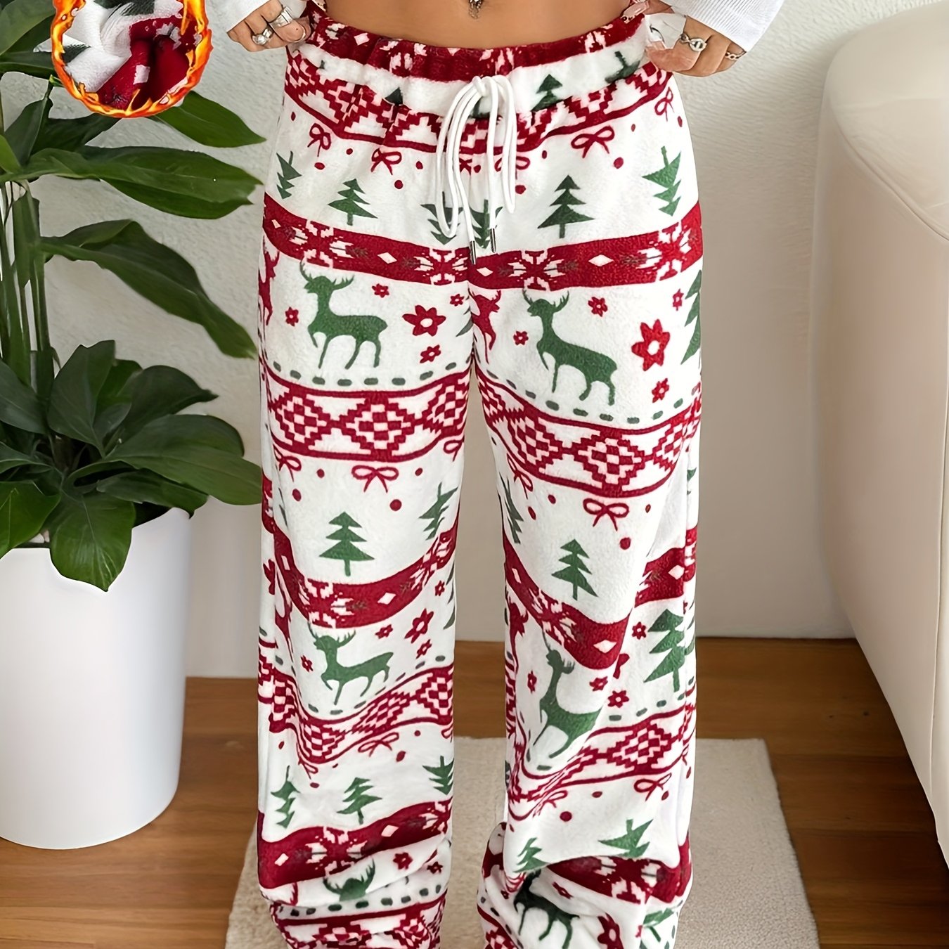 TEMU Pigiama da donna a larga natalizio - Pantaloni casual con stampa festiva e vita con coulisse