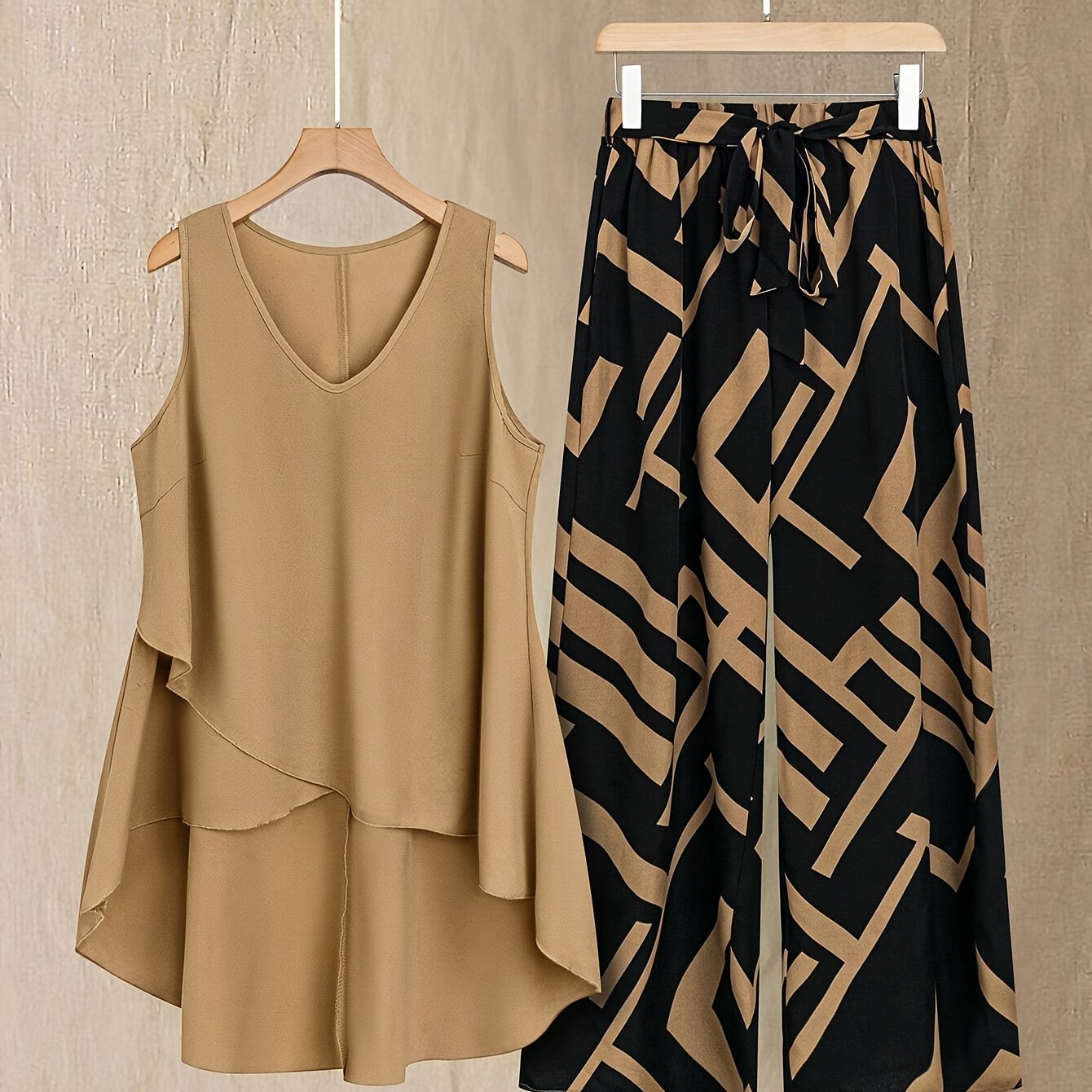 TEMU Women' Solid-color Sleeveless Top And Printed Long Pants 2pcs Set, Suitable For Daily Wear - Niannian