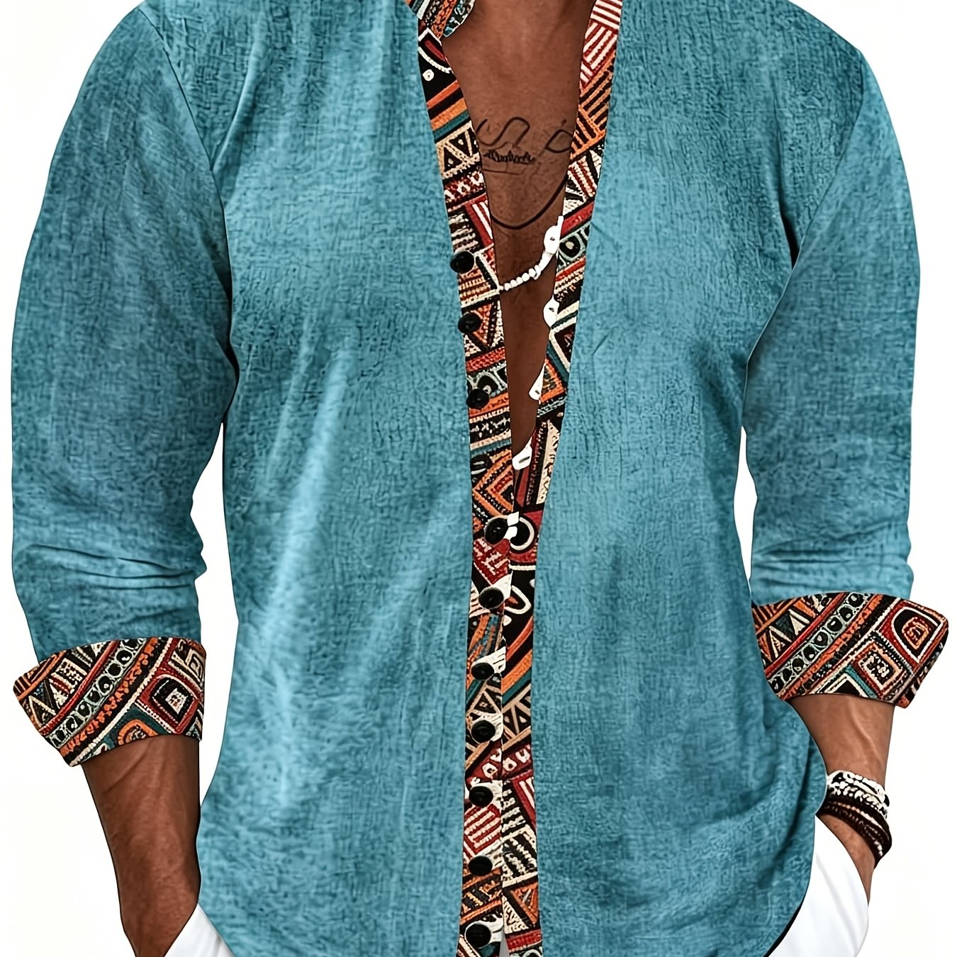 Image of Plus Size Men's Casual Shirt Faux Linen Print Stand Collar Long Sleeve Button Shirt Bohemian Ethnic Tribal Street Style Tops For Beach Vacation Summer And Wear