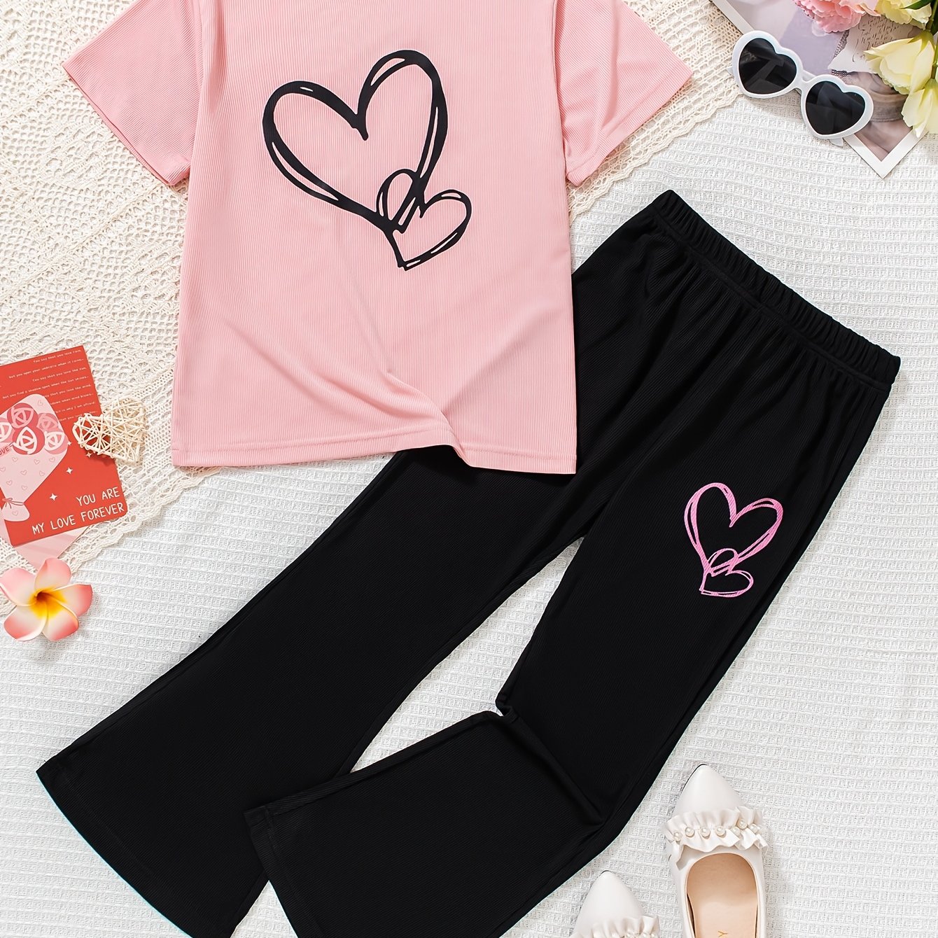 Image of Two-piece Girl Mixed Set Comfortable Pit Strip Fabric With Heart Pattern Flared Pants Short-sleeved T-shirt Set, Comfortable And Fashionable Girls' Set, For Outdoor, Christmas, Halloween