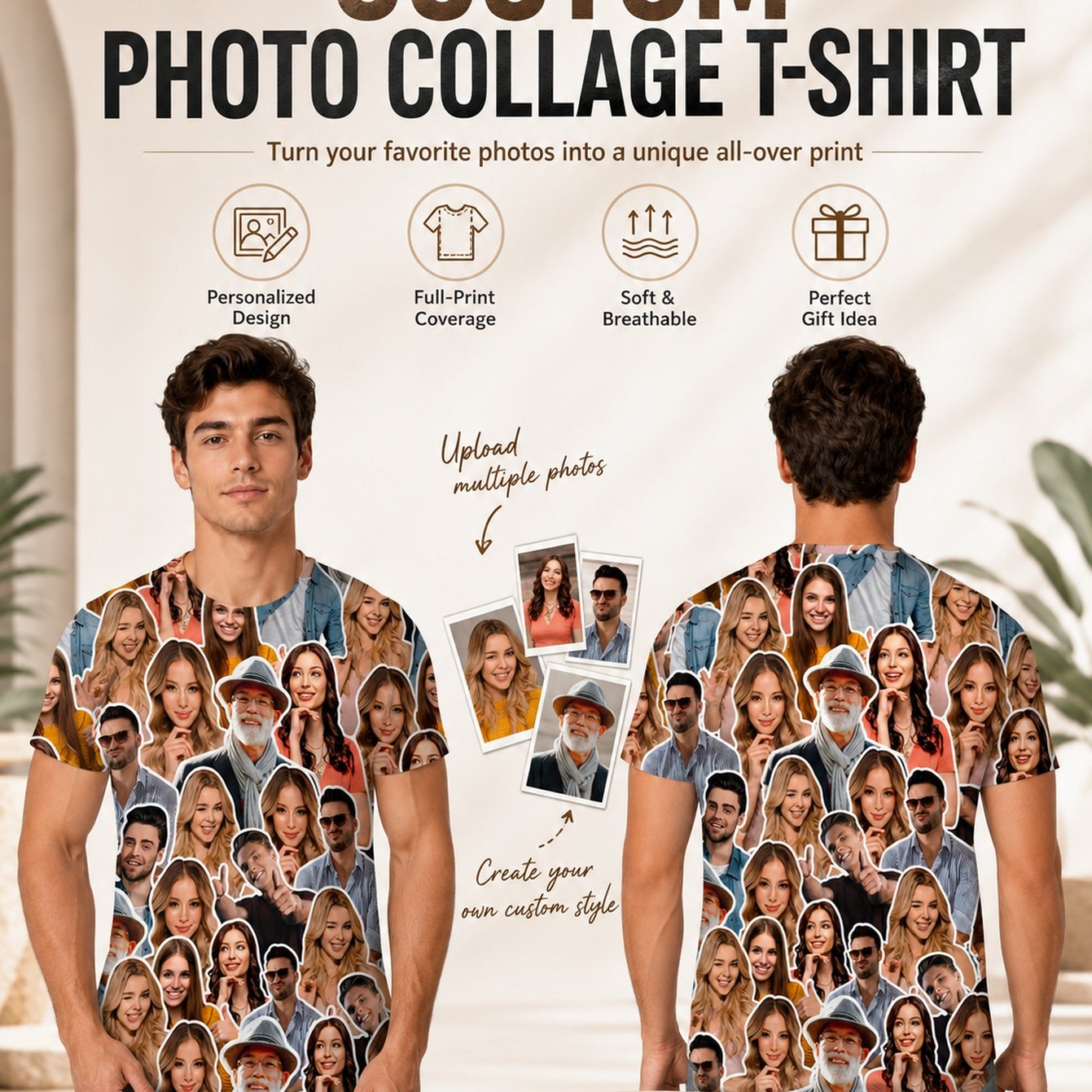 TEMU Custom All Photo Collage T-shirt, Multiple For Family Portrait Personalized Full Coverage Tee, Soft Breathable Custom Memory Gift For Family