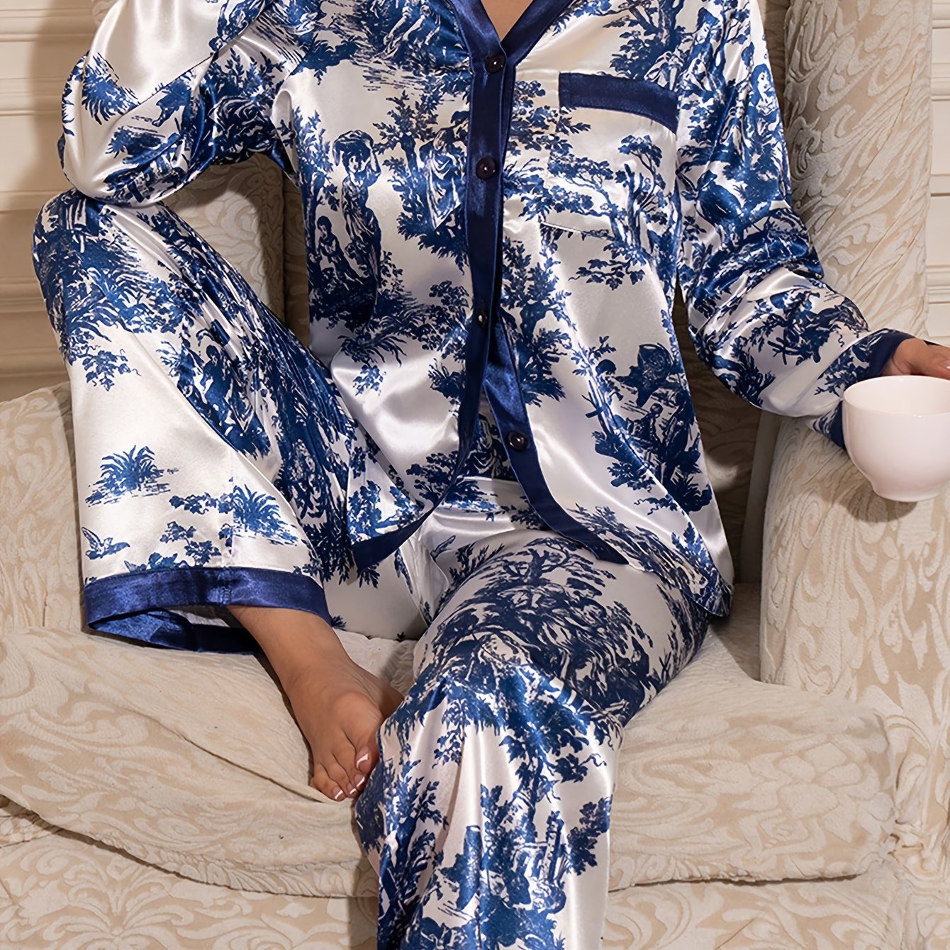 TEMU Elegant Vintage Blue Ink-colored Pocket Long-sleeve Top And Pants Women's Pajama Set, Suitable For Autumn/winter, Vacation, Fall Apparel