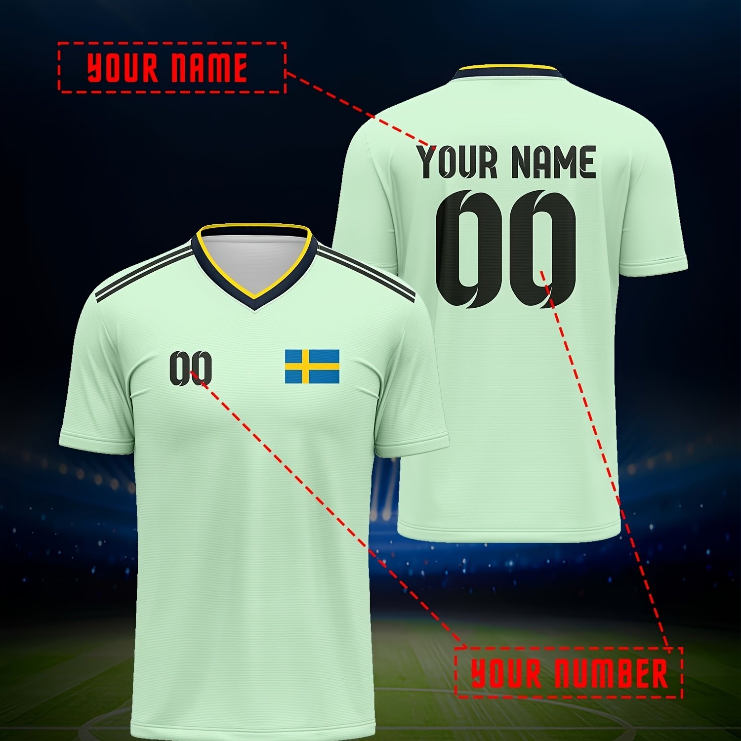 TEMU Sweden Football Jersey V-neck Personalized Name & Number - Swedish Print Suitable For Training, Matches, Summer Parties - Custom Apparel With