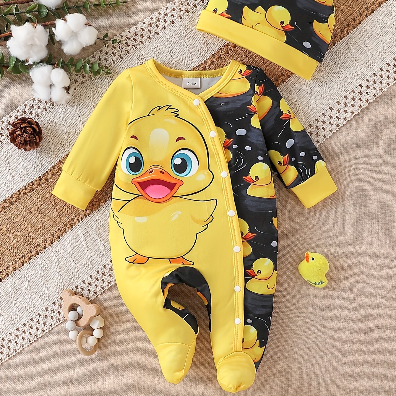 Spring And Autumn Children's Cute Duck Cartoon Pattern Footed Romper + Hat Set, Comfortable Soft Fabric, Boys' Clothing, Suitable For Outdoor Activities, Perfect For Outdoor