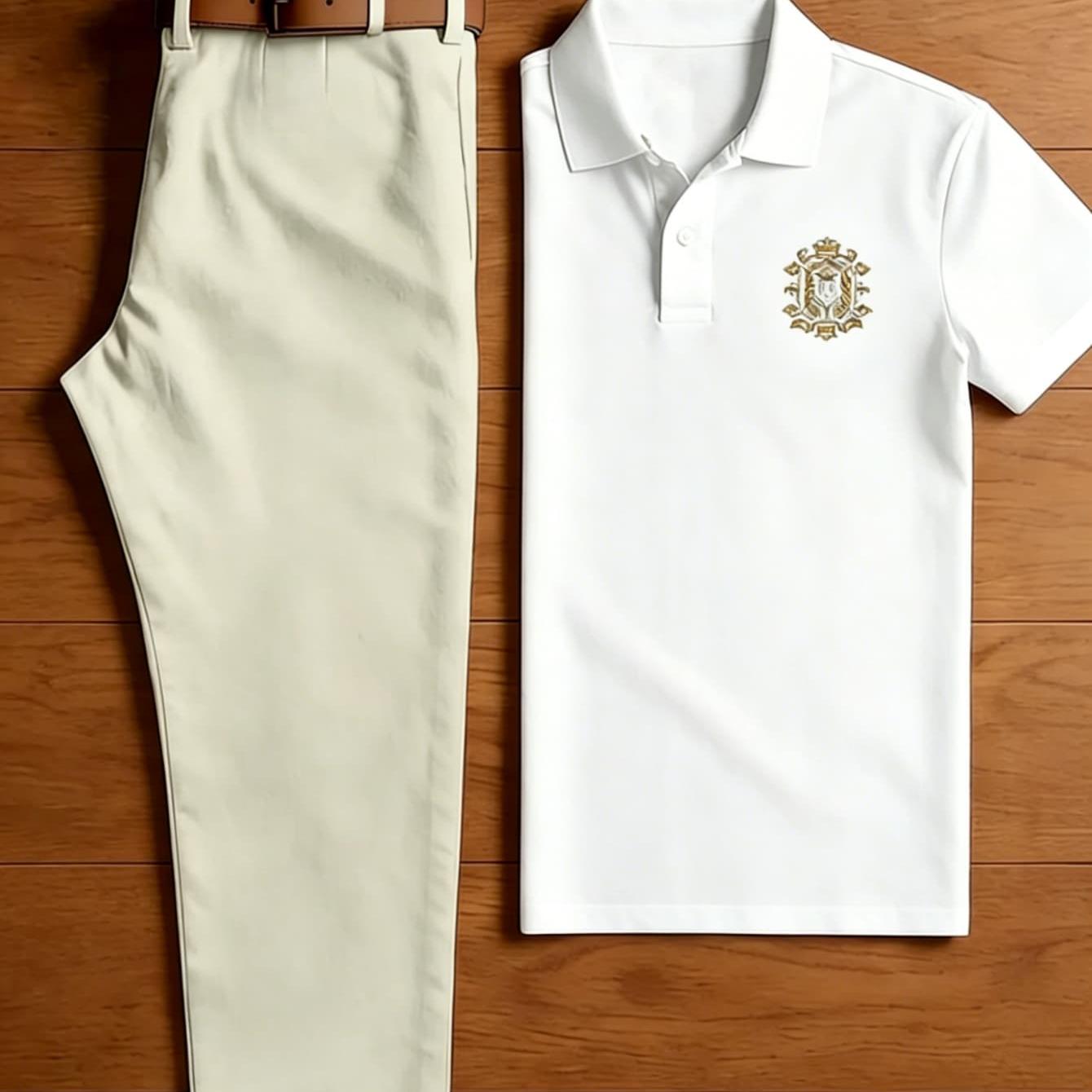 Men's 2pcs Outfit Set, Golden Badge Plain White Shirt And Beige Straight Dress Pants, Elegant Office
