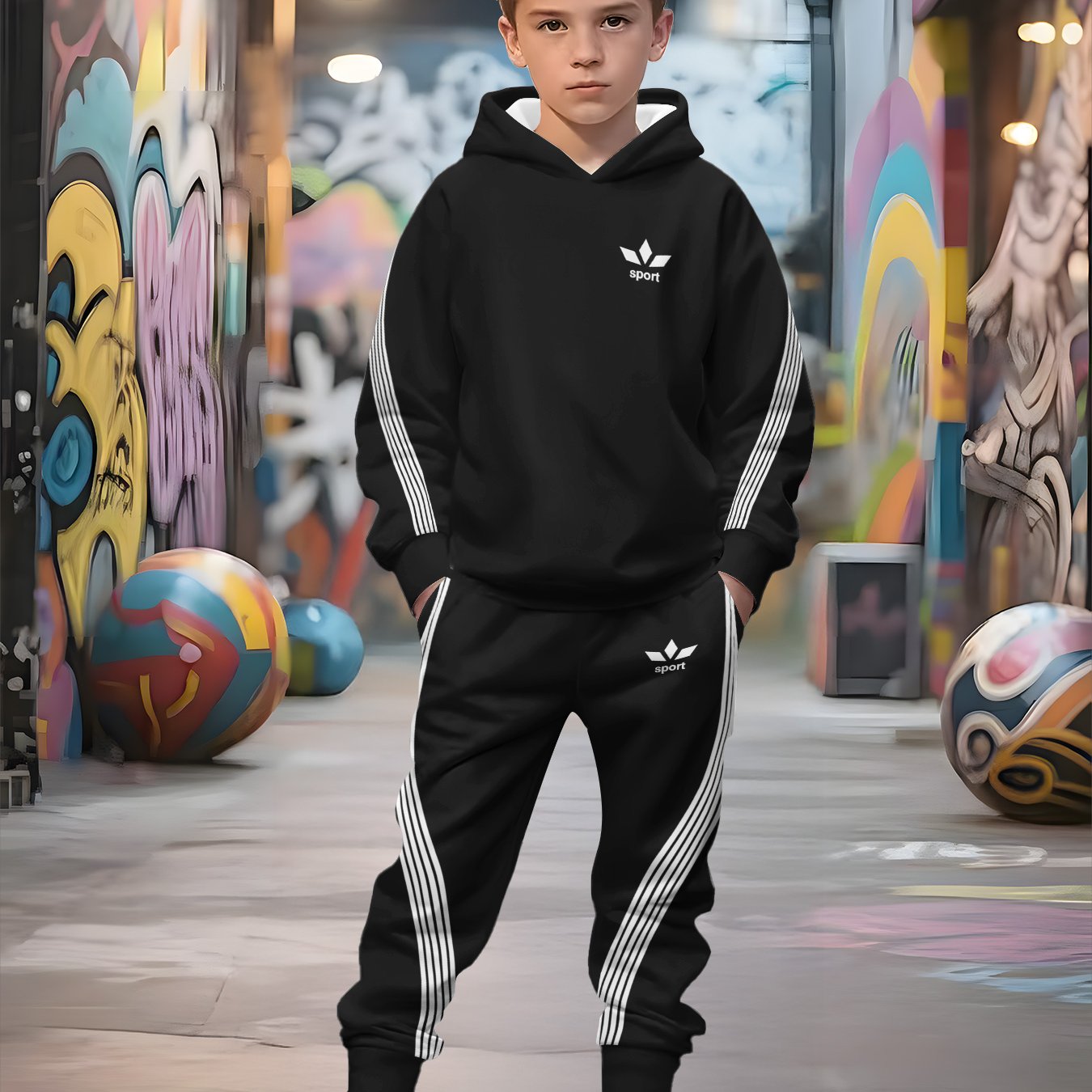 New Arrival: Printed Design – Not Textured Spring Trendy Boys' Soccer Sweatshirt Set, Cartoon Print Sweatshirt And Long Pants Set, 2pcs Set, Perfect For Outdoor