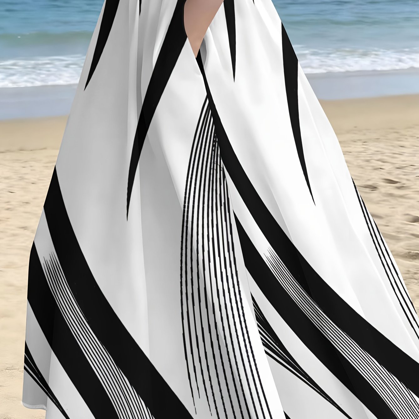 TEMU Black And White Wavy High-waist Skirt, Summer Casual