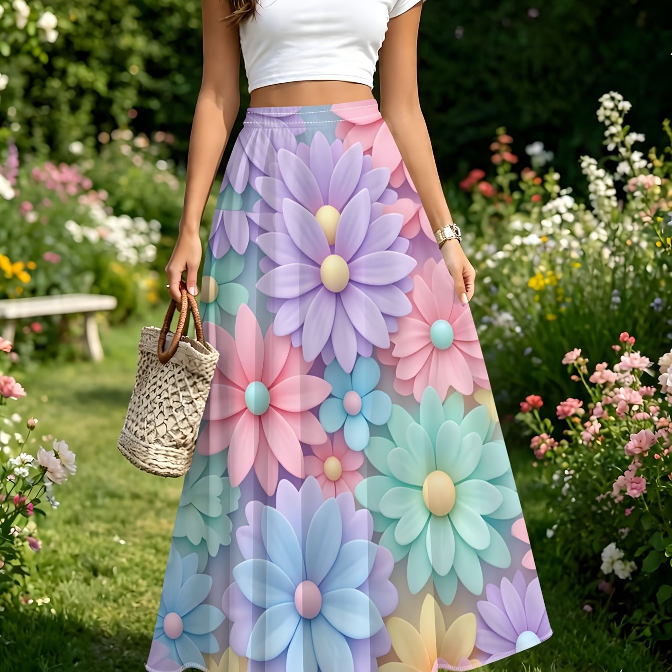 TEMU Macaron Flower A-line Skirt With Elastic Waist, Loose Fit Long Casual Skirt, Summer Leisure